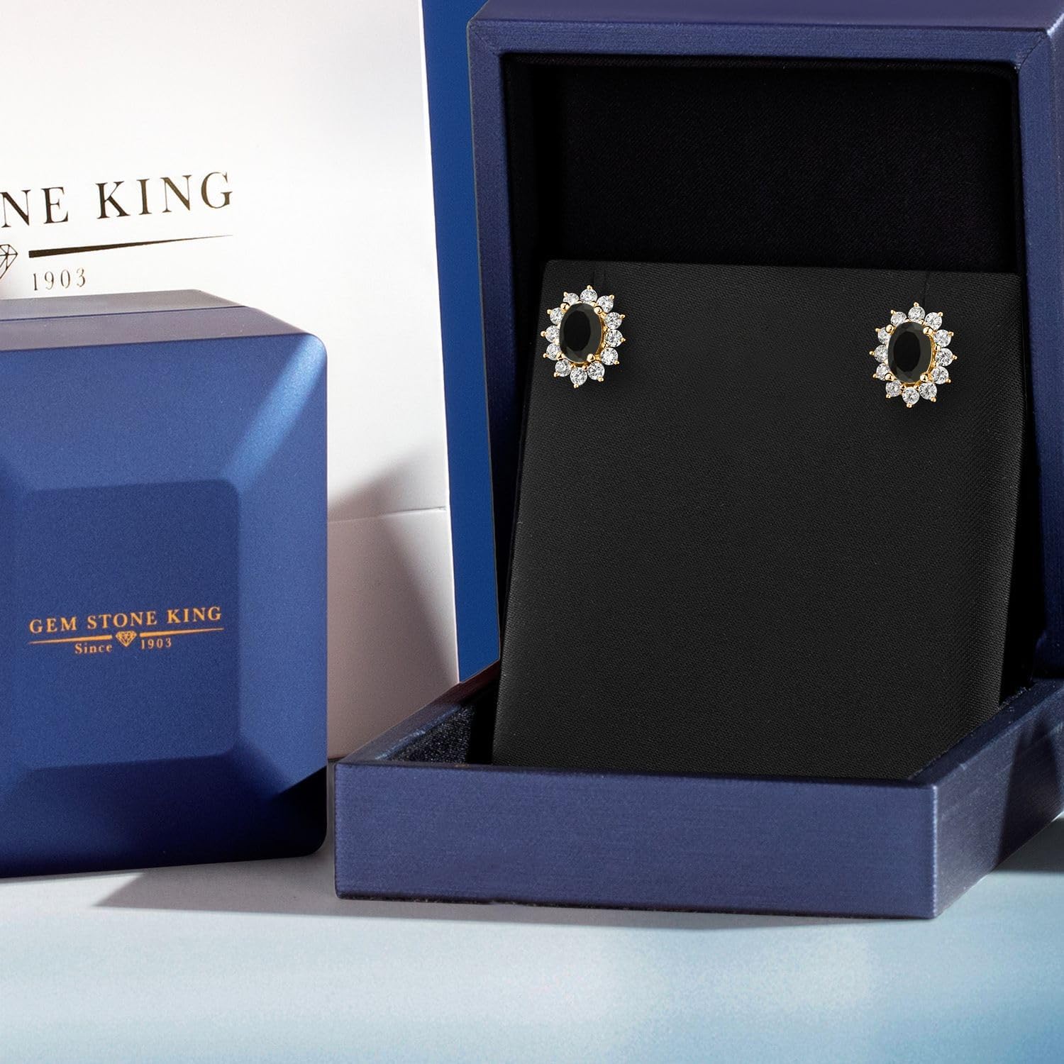 Gem Stone King 18K Yellow Gold Plated Silver Halo Stud Earrings For Women | Oval 7X5MM | Gemstone Birthstone | Princess Diana Royal Anniversary Wedding Birthday Fine Jewelry Gifts for Mom Wife Her