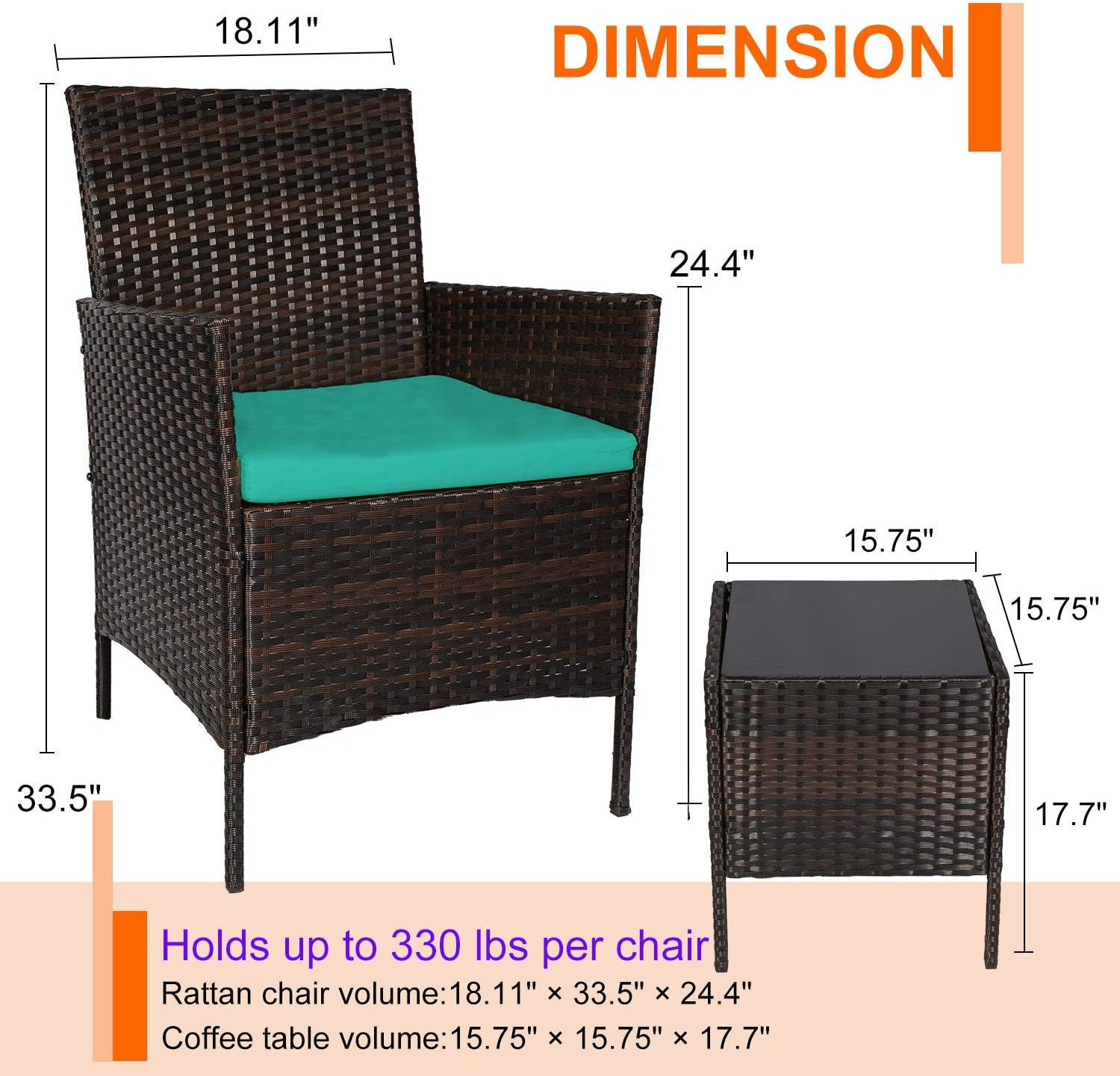 Patio Porch Furniture Sets 3 Pieces Patio Set Outdoor Wicker Patio Furniture Sets Modern Bistro Set with Table Outdoor Garden Furniture Sets (Brown/Blue)