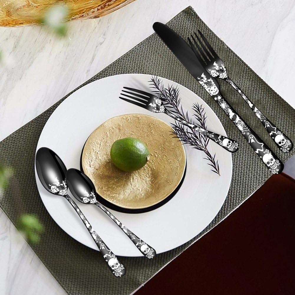 20-pcs Flatware Set, Gothic Skull Silverware Set for 4, Skeleton Flower Unique Pattern Design, Knives/Forks/Spoons Cutlery Set Halloween Event Tableware Utensils, Black