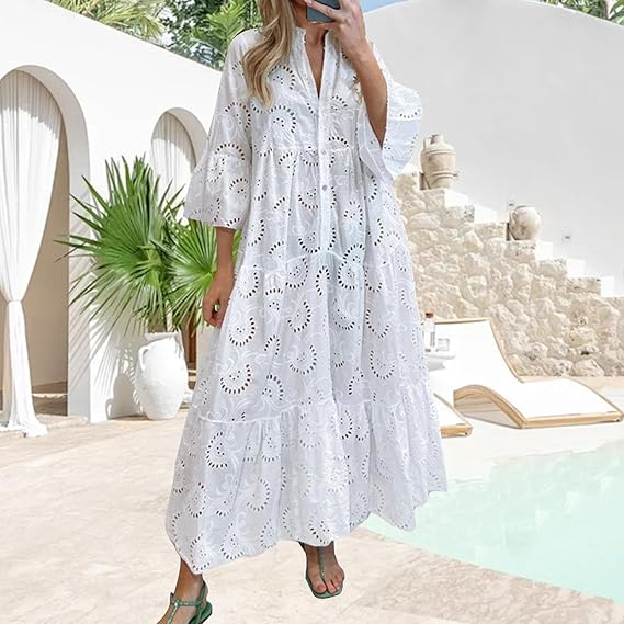 Oyuchga Geborduurde jurk voor dames, grote maten, 3/4 mouwen, maxi-jurk, zomer, V-hals, uithollen, geborduurde strandjurk, basic, effen, lange blousejurk, gehaakt, kant, vrijetijdsjurk, A wit., M Oyuchga Geborduurde jurk voor dames, grote maten, 3/4 mouwen, maxi-jurk, zomer, V-hals, uithollen, geborduurde strandjurk, basic, effen, lange blousejurk, gehaakt, kant, vrijetijdsjurk, A wit., M