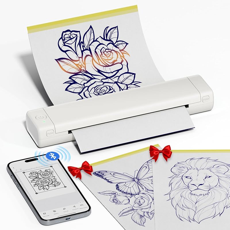 Impressora térmica portátil para estêncil de tatuagem Ponek M08F-WH-WS, Bluetooth e USB, branca, com 10 papéis de transferência