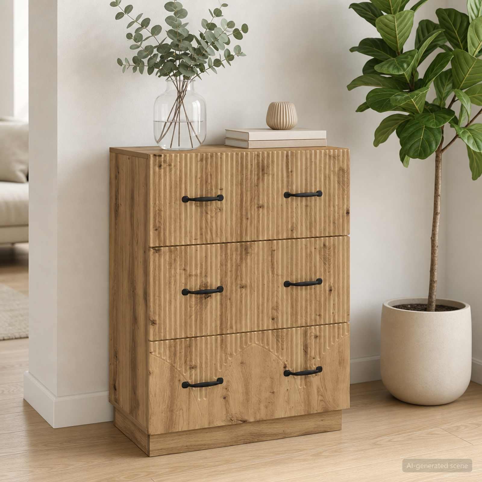 Cassettiera 66 x 34,5 x 87 cm, in legno di rovere Artisan, armadio portaoggetti con 3 cassetti, ante chiudibili, scaffale e raccoglitore, per ufficio