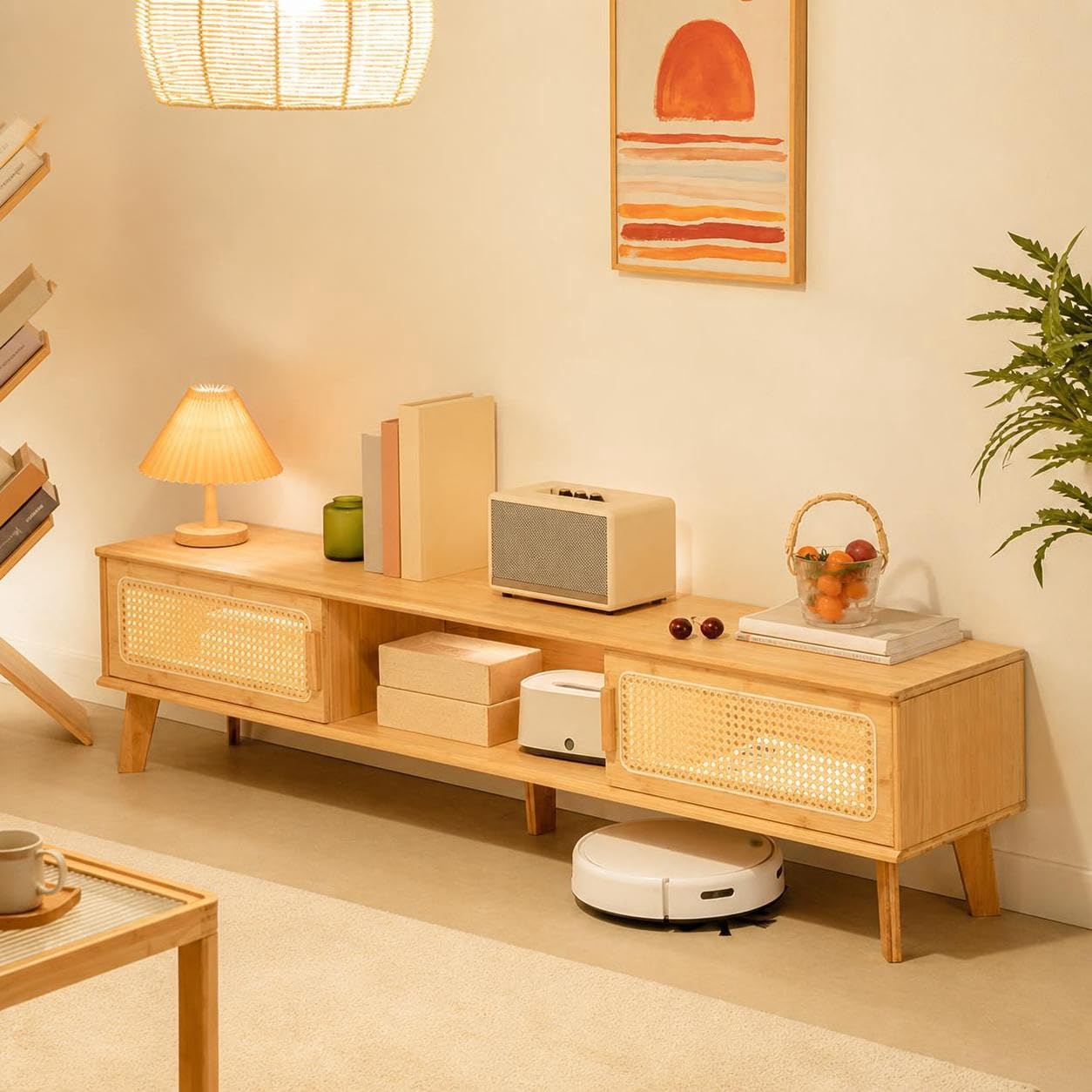 Set Tavolino da Salotto e Mobile TV Stile Giapponese, Mobile Basso con Ante Scorrevoli Intrecciate in Rattan per Piccoli Spazi