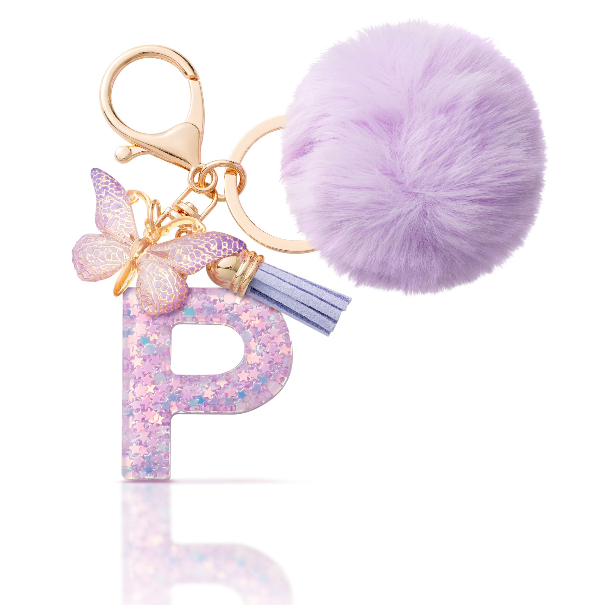 CHUQING Schlüsselanhänger Buchstabe Geschenke Mädchen Schlüssel Anhänger mit Pompon Anfangsbuchstaben Keychain Letter Schmetterling für Frauen Damen Geburtstagsgeschenk