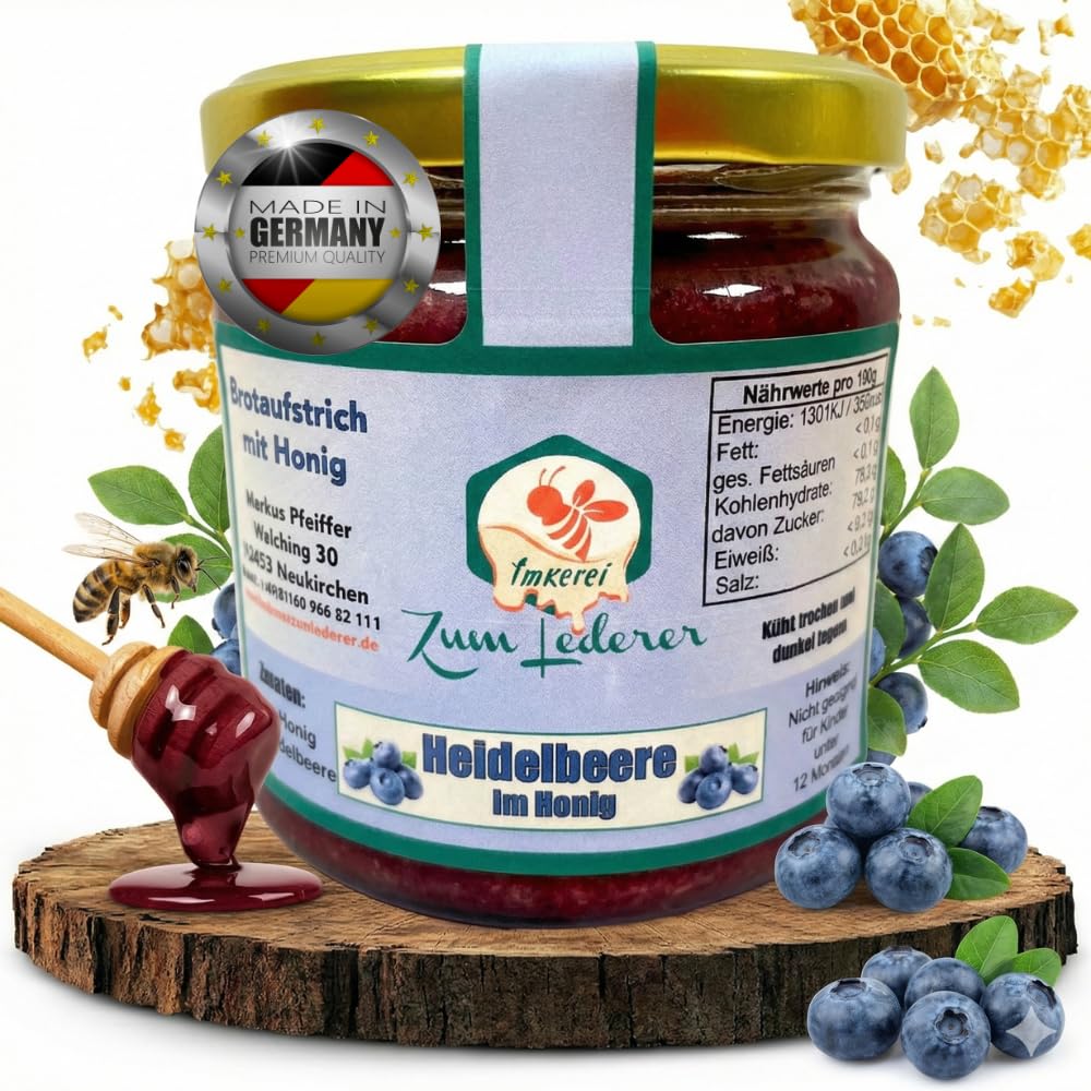 Imkerei zum Lederer - Deutscher Honig-Mix mit Heidelbeeren – 500g cremige Honig Zubereitung mit fruchtigen Blaubeeren aus dem Bayerischen Wald - Süßer Brotaufstrich direkt vom Imker