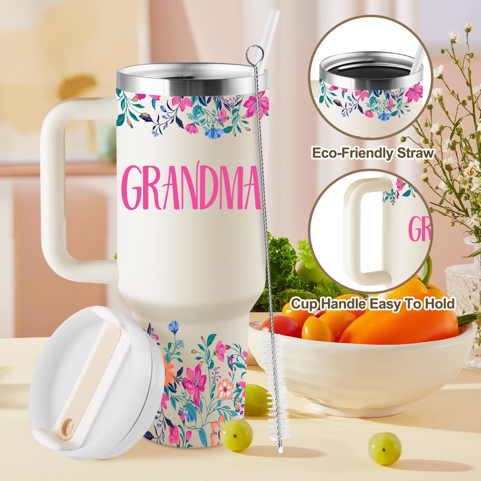 ROSTANTEN Grandma Gifts Birthday Gifts for Grandma Best Grandmother Gift from Granddaughter Grandson Grandkids for Mothers Day Christmas 40oz Travel Cup Insulated Tumbler with Lid & Straw