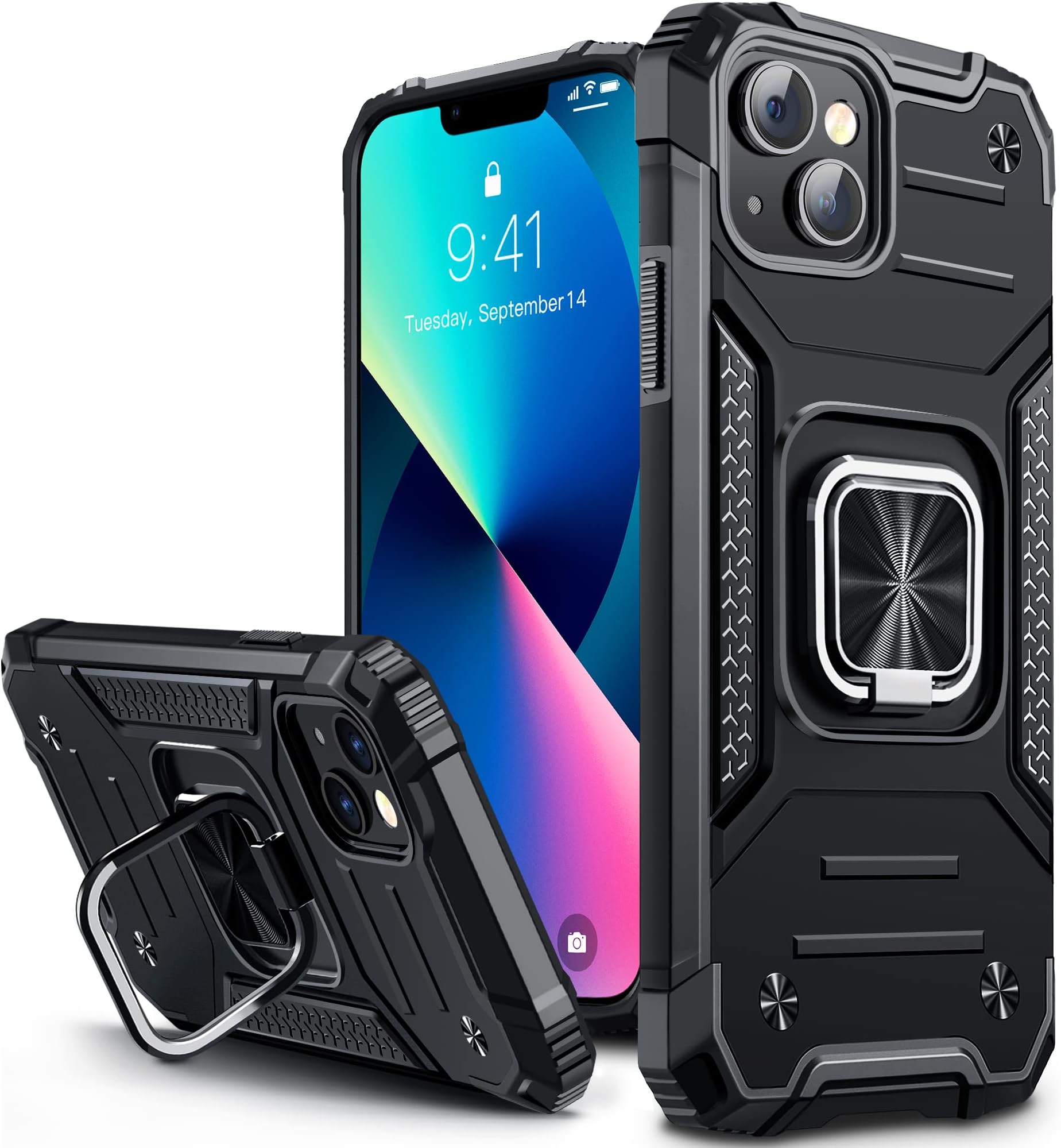 Vakoo Stand-Series iPhone 14 Case, iPhone 13 Case, Heavy Duty Shockproof Phone Case with Metal Ring Kickstand Cover for iPhone 14/13 (6.1-Inch) - Black