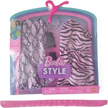 Barbie Style Fashion Pack, 2 Floral Outfits Pink and Purple with Accessories for Doll Barbie