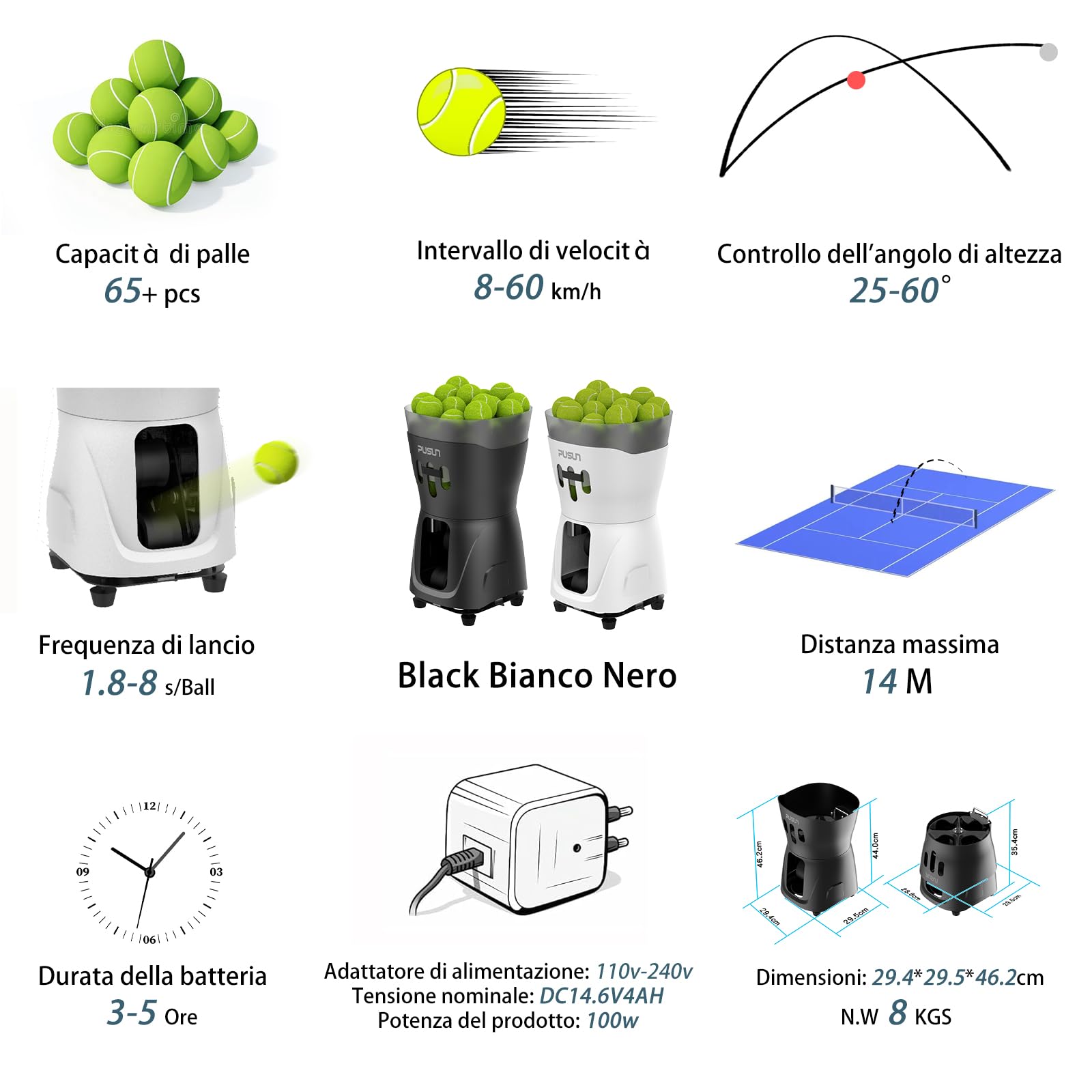 PUSUN PT-Mini PRO Macchina Lanciapalle Tennis Compatta con App, 65+ Palline, 8-60 km/h, Batteria 3-5 Ore, Ideale per Principianti, Scuole e Allenamento Indoor