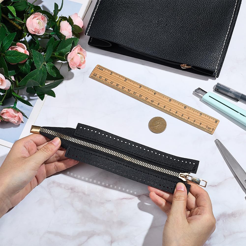 PU Leather Zipper Frames for Sewing with Hole 9.45 x 2.09 Inch Leather Sewing Coil Separating Zipper Fastener Bag Replacement Accessories for Shoulder Purse DIY Crochet Knitted(Black)