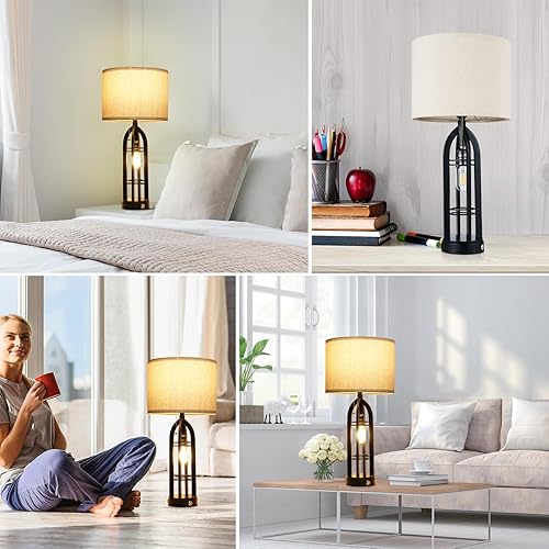 Miniatura 5 de Lámpara de mesa vintage para sala de estar, lámpara de escritorio de granja de tela, lámpara de mesita de noche regulable con puerto de carga USB