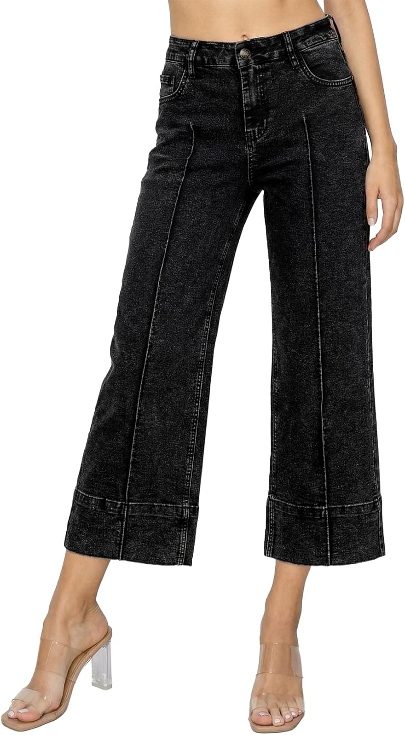 Astylish Women's 2026 Stretchy Breathable Wide Leg High Waisted Jeans Casual Cropped Ankle Denim Pants with Vertical Seams - Image 2