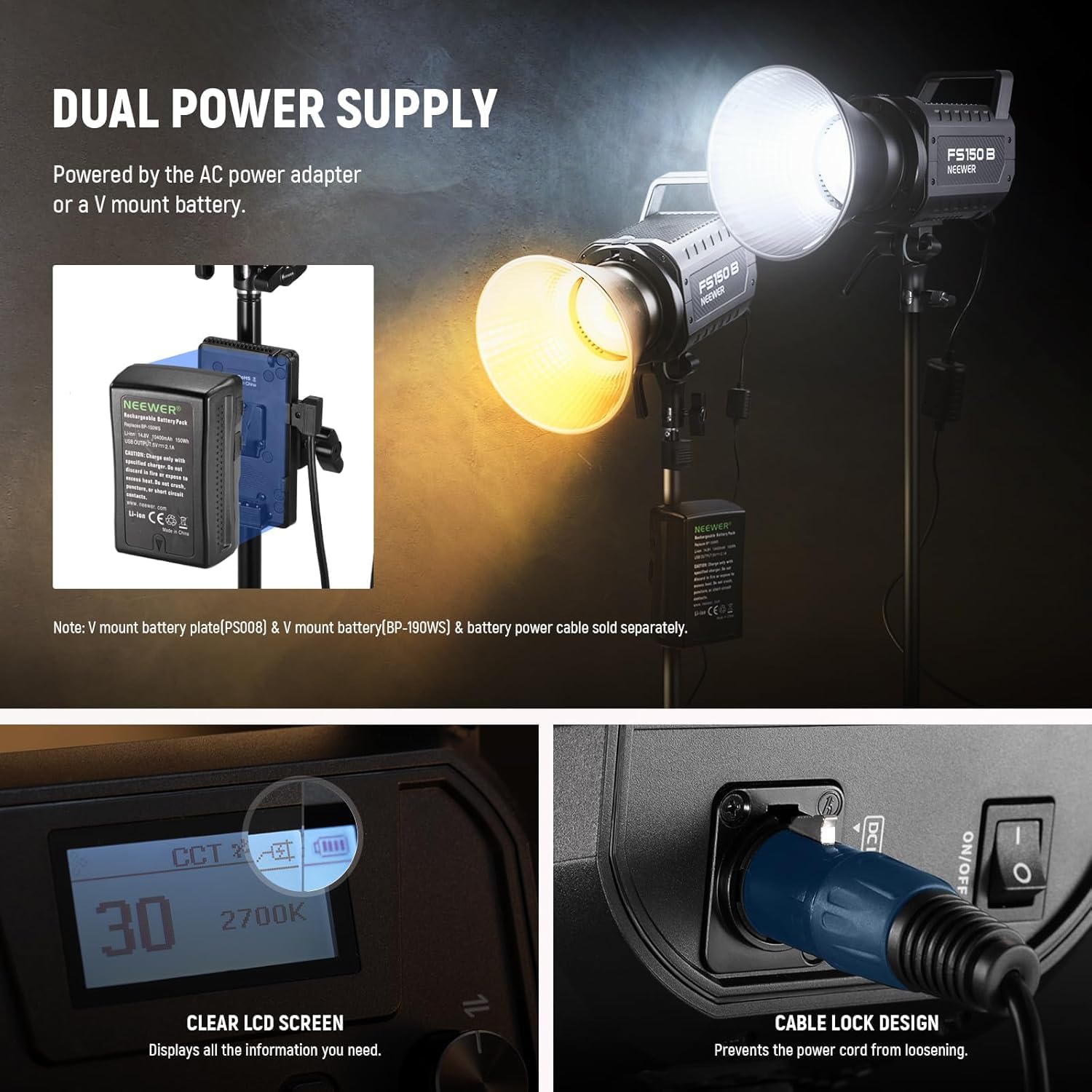 NEEWER FS150B LED lampa wideo ze sterowaniem 2,4 G/aplikacją, 130 W Bi Color COB, cicha praca, światło ciągłe COB Bi-Color Studio z 4 rodzajami precyzyjnego ściemniania, 72000 lux/1 m 2700K-6500K CRI