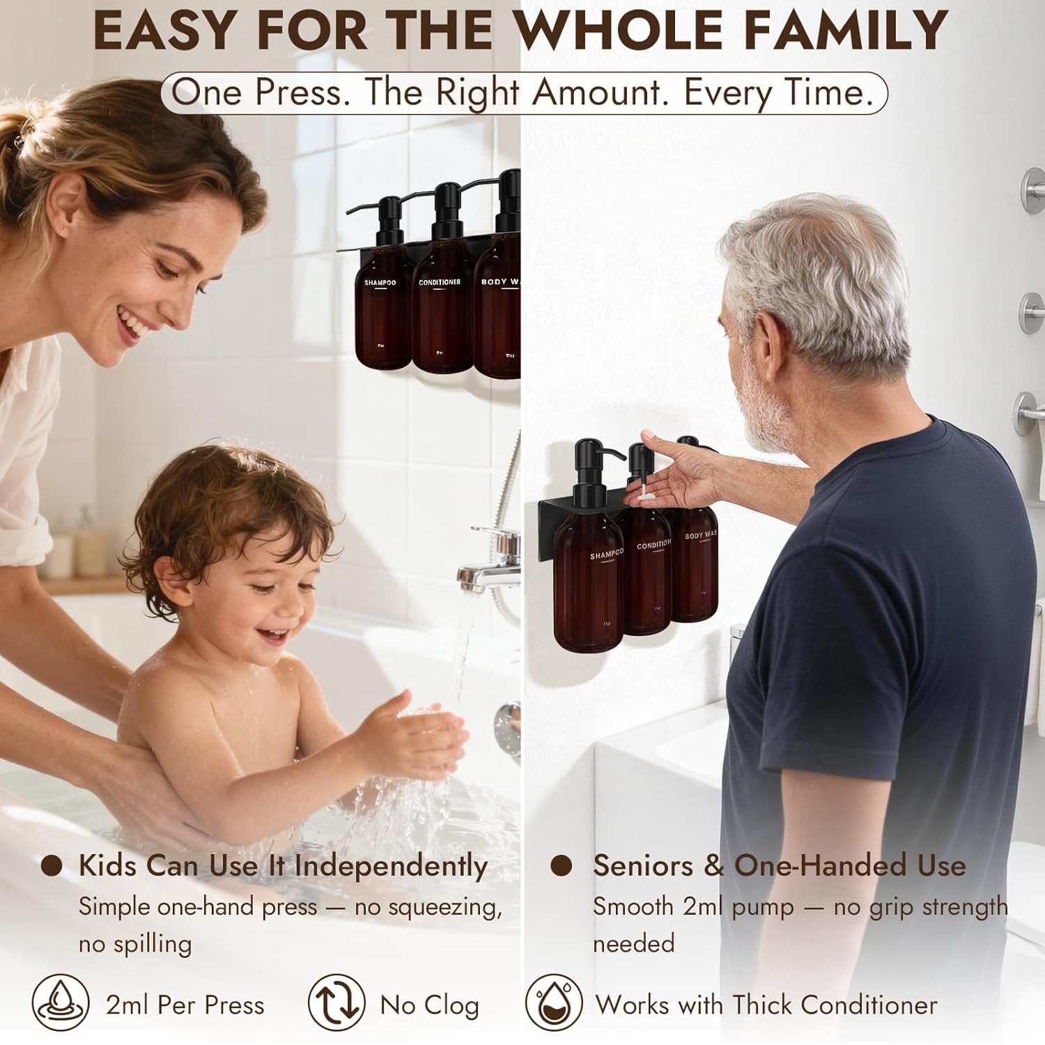 KOUCHU Shampoo and Conditioner Dispenser - Wall Mounted Shower Soap Dispenser - 17oz No-Drill Refillable Plastic Pump Bottles for Bathroom Kitchen - Includes Soap Dish and Hook (Dark Brown)