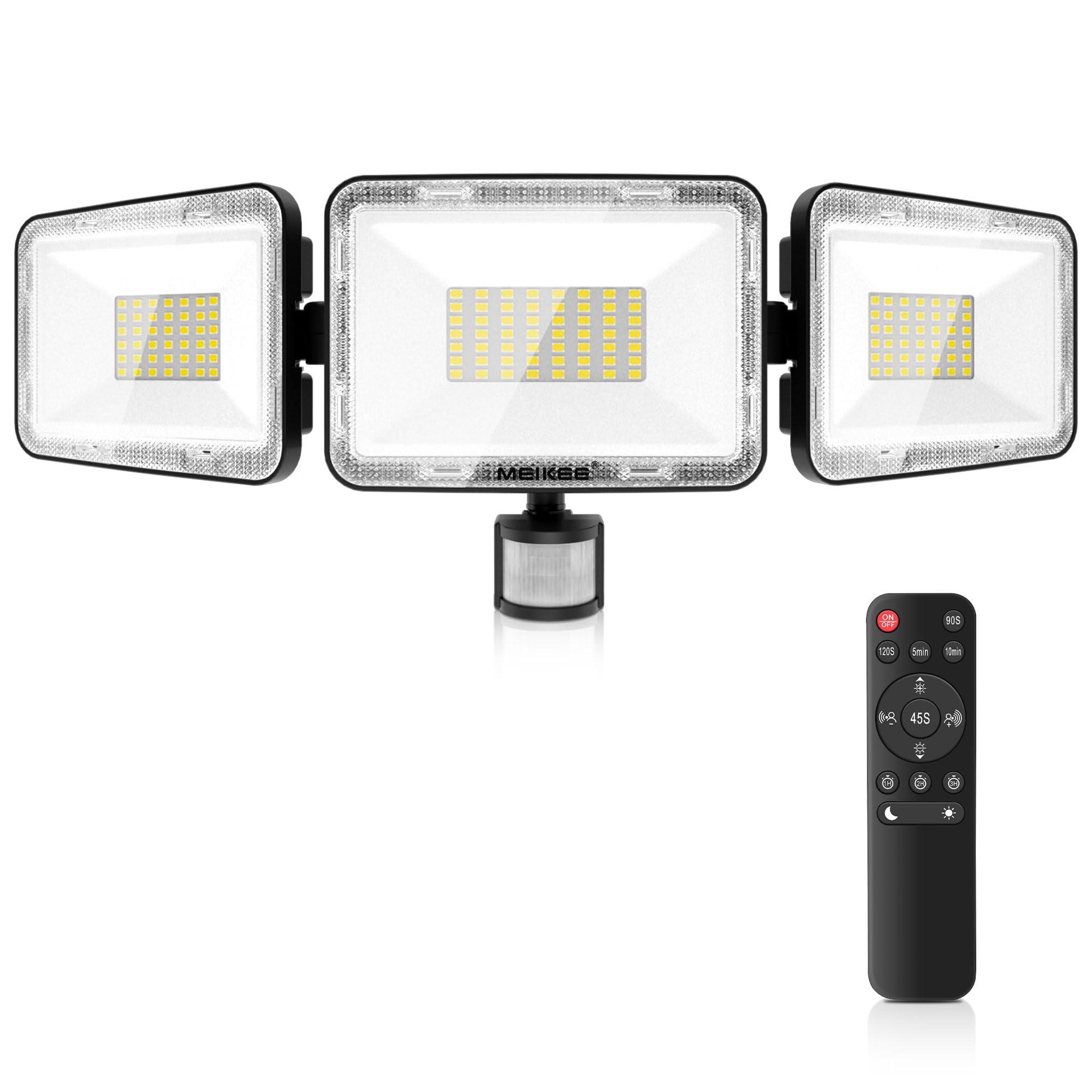 MEIKEE Foco LED con Sensor de Movimiento 70W 6580LM 6500K Blanco Frío Focos Led Exterior con Detector 3 Cabezas Luz de Seguridad Mando a distancia IP66 Impermeable para Jardín Patio Garaje Entrada