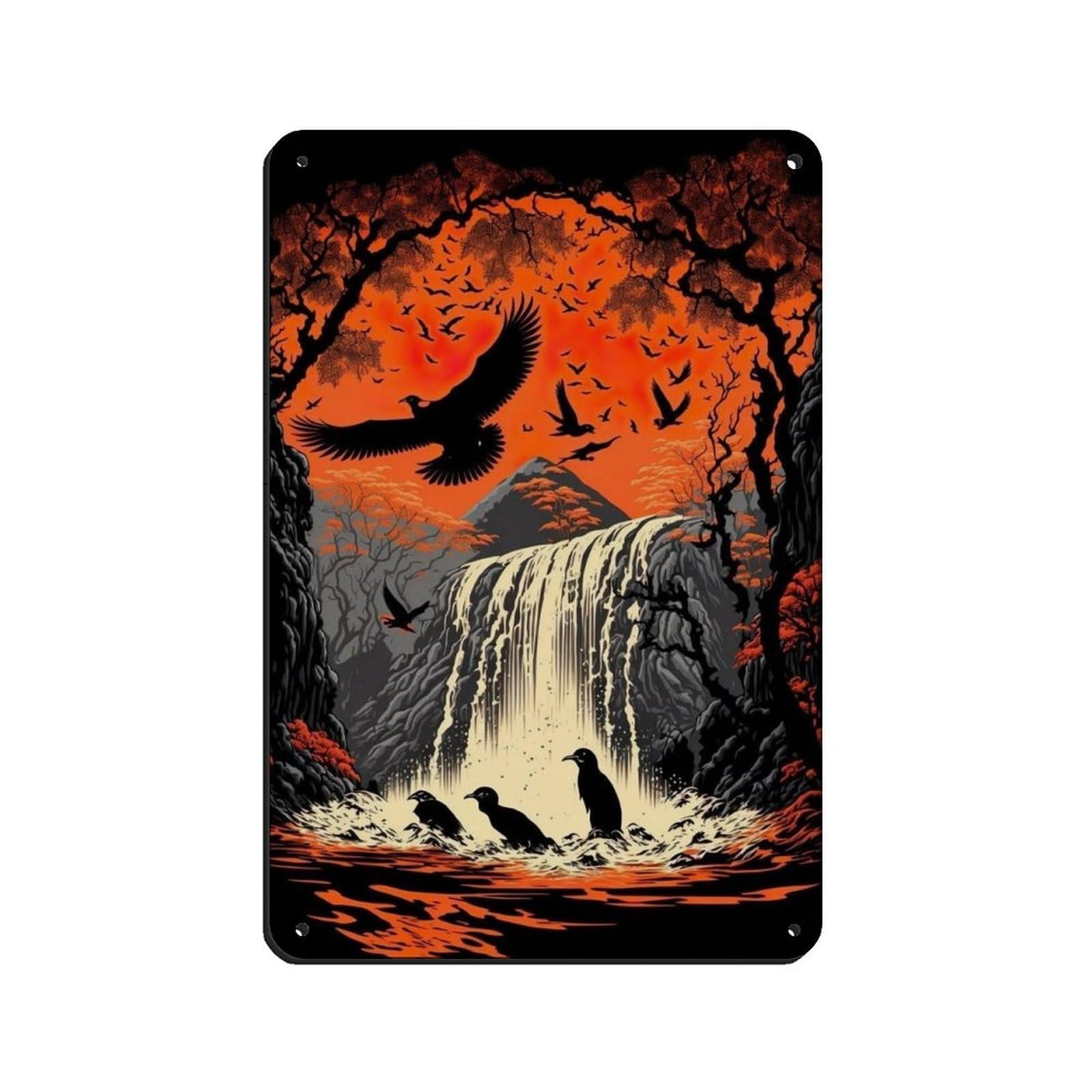 Lxwnze 20L X 30W Cm Birds By The Waterfall,Ukiyo-E Art Poster Tin Sign Vintage Metal Pub Club Cafe Bar Home Wall Art Decoration Poster Retro 8X12inch(20X30cm)