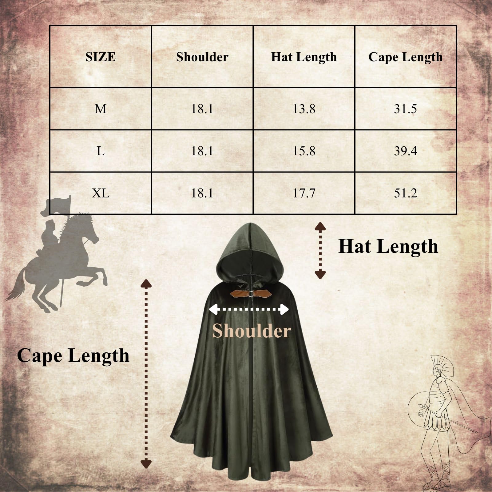 RRCBMD Mens Renaissance Medieval Hooded Cloak Victorian Steampunk Costume Cosplay Green-100CM, Green 1 - Image 3