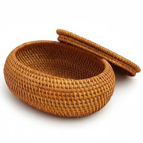 Natural Rattan Wicker Basket with Lid, Round Decorative Storage Box