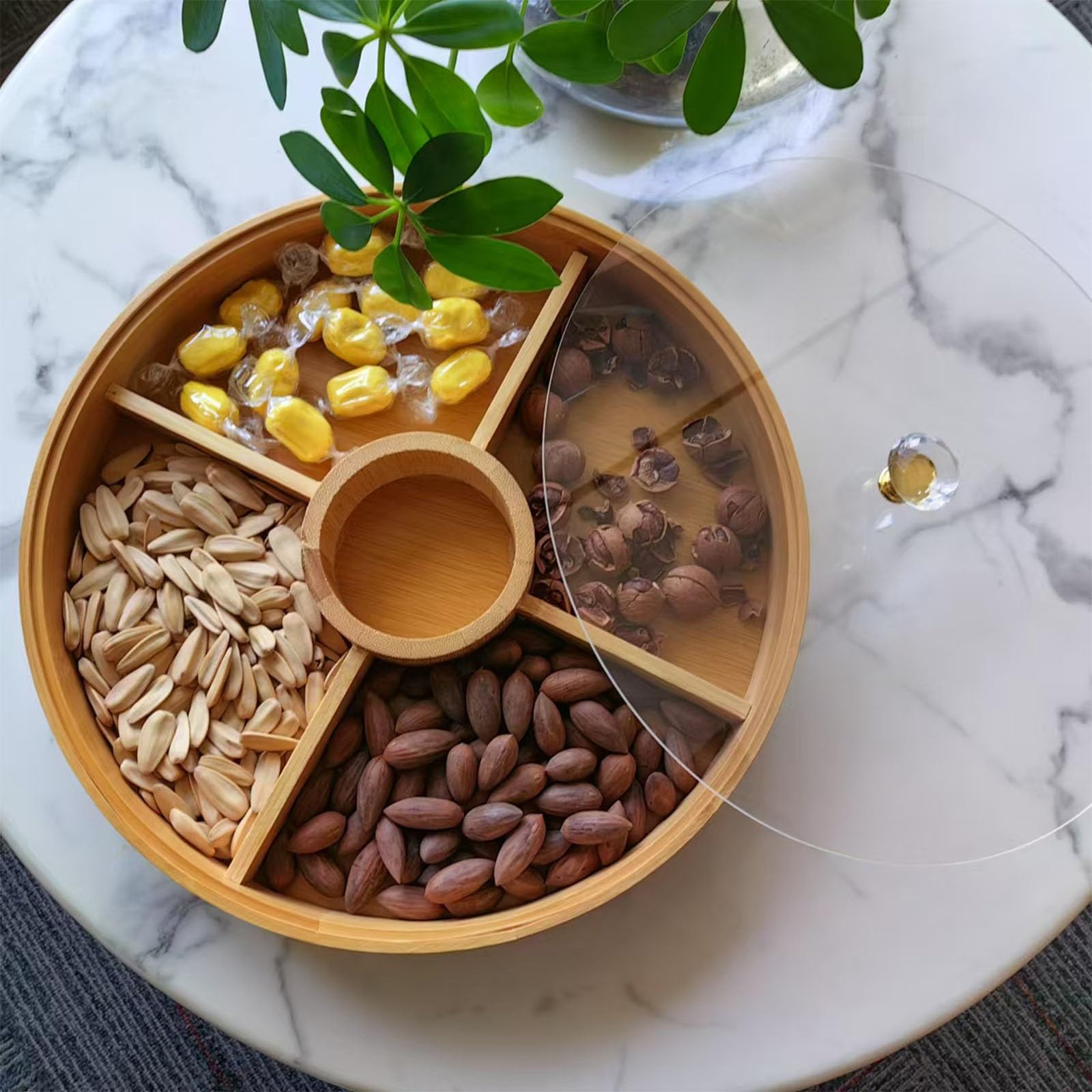 Plateau de service divisé en bois avec couvercle, boîte à goûter à 5 compartiments pour noix, fruits secs, collations sèches, plateau alimentaire et organisateur de rangement