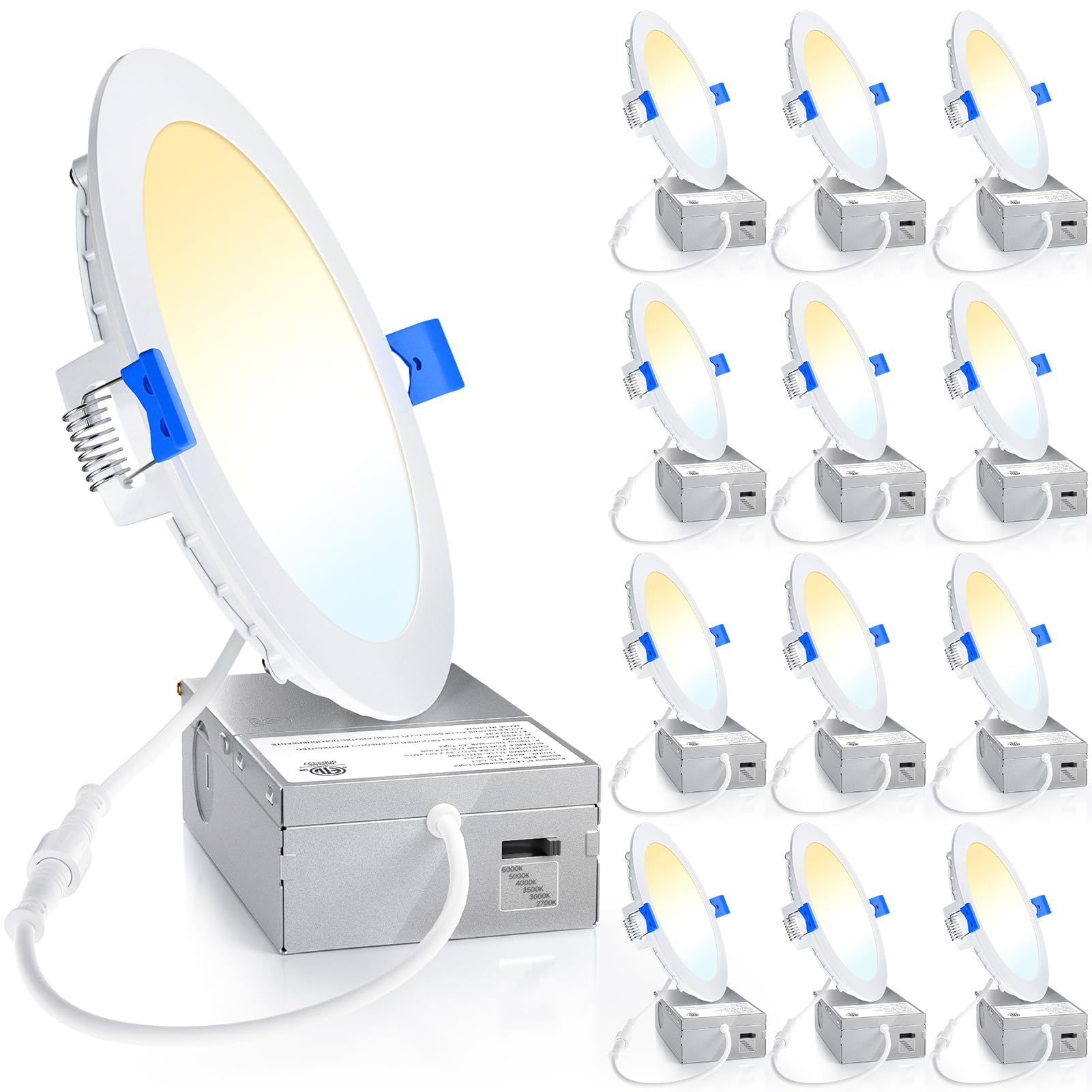 Ensenior 12 Pack 6 Inch Ultra-Thin LED Recessed Light with Junction Box, 2700K-6000K Selectable, 12W 110W Eqv, Dimmable, 1050LM High Brightness - ETL Certified