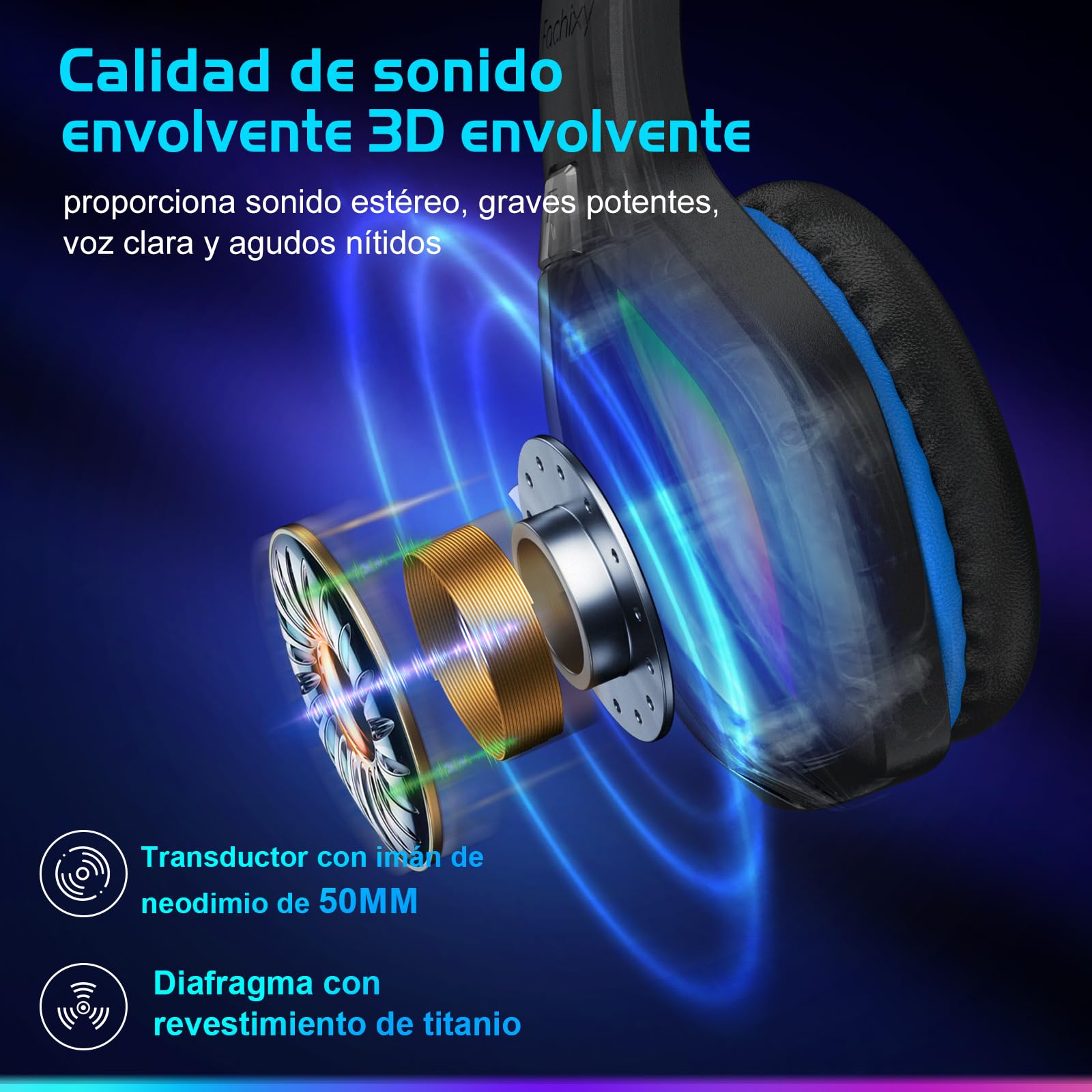Fachixy「2025 Nuevo」FC100 Cascos Gaming Inalámbricos para PC, PS5, PS4, Auriculares Gaming Inalámbricos de 2,4GHz Wireless+Bluetooth - Baja Latencia, Duración 40Hr+, Luces RGB (Azul-Negro)