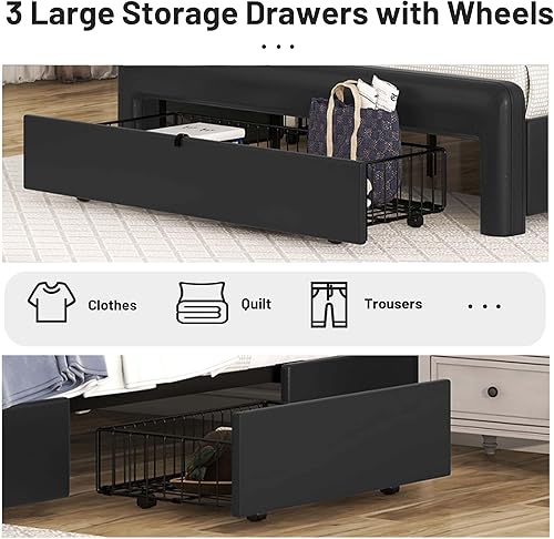 Miniatura 6 de Base de cama tapizada de tamaño Queen con 3 cajones de almacenamiento y cabecero, cama de almacenamiento Queen de piel sintética con estación de