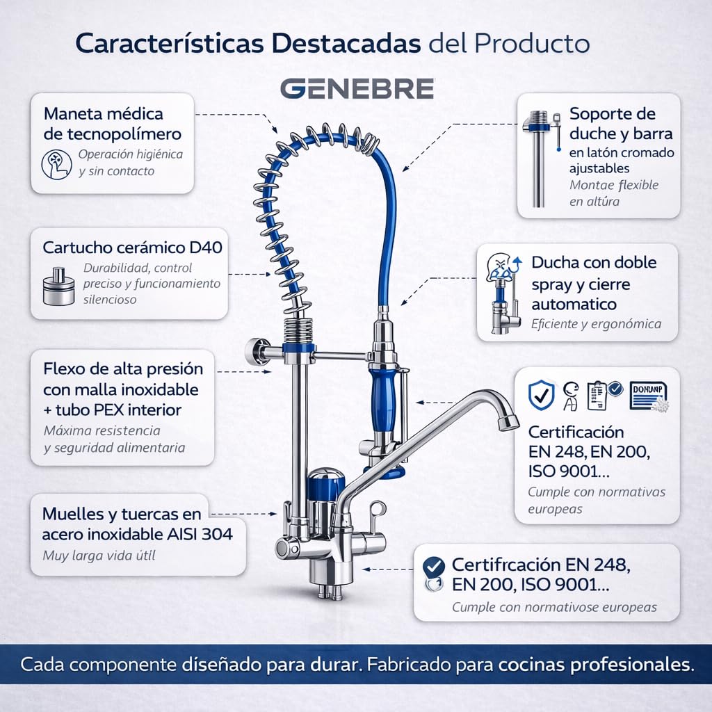 Genebre - Grifo Columna Prelavado Profesional 1803 04 | Grifo Industrial Monomando con Ducha Extraíble y Maneta Médica | Cocina Profesional, Hostelería, AISI 304 Inoxidable