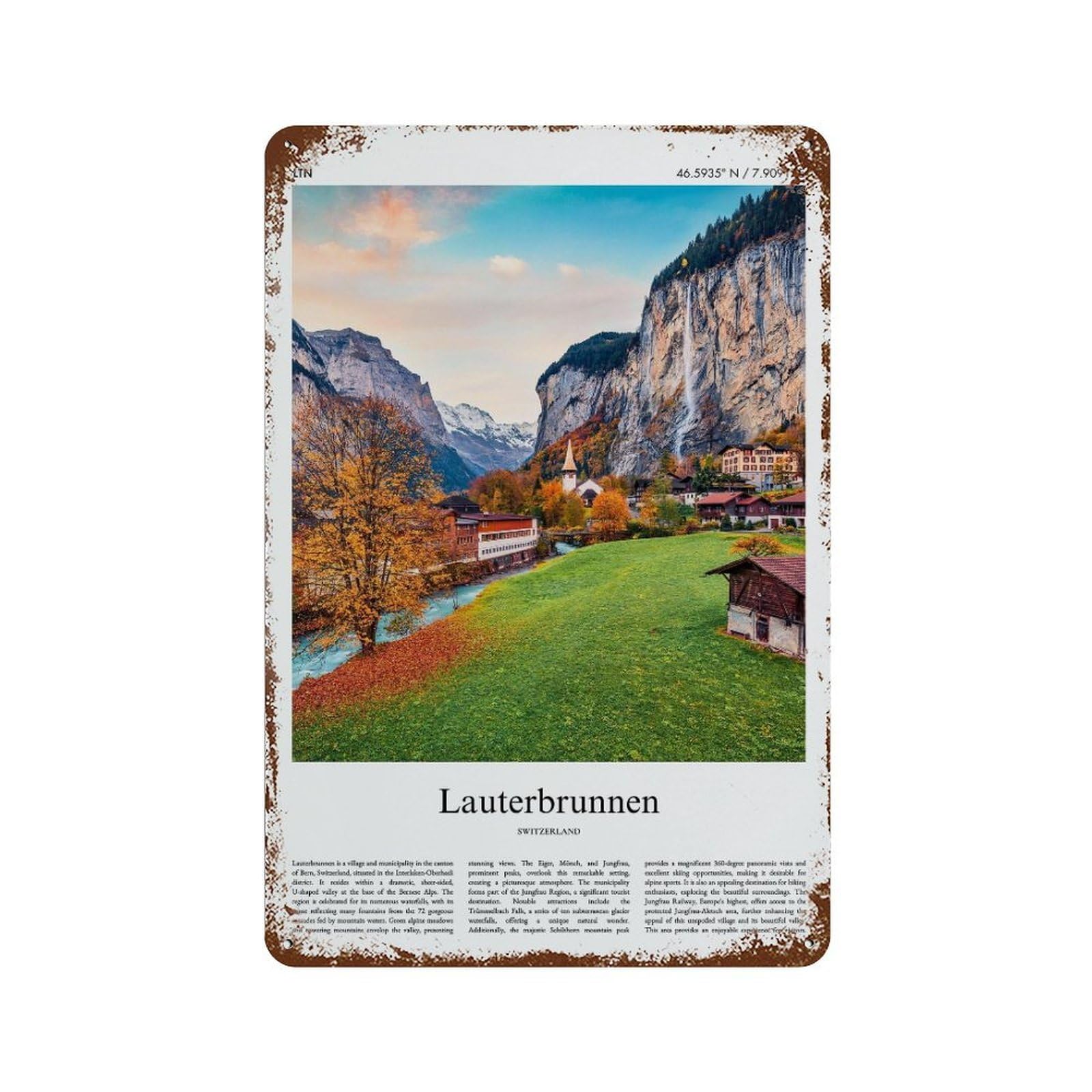 xiaoxiaoshen Lauterbrunnen Switzerland City Scenery Wall Decor Art Metal Tin Poster Modern Home Decor Art Home Bar Shop Decorations Vintage Sign 30x20cm