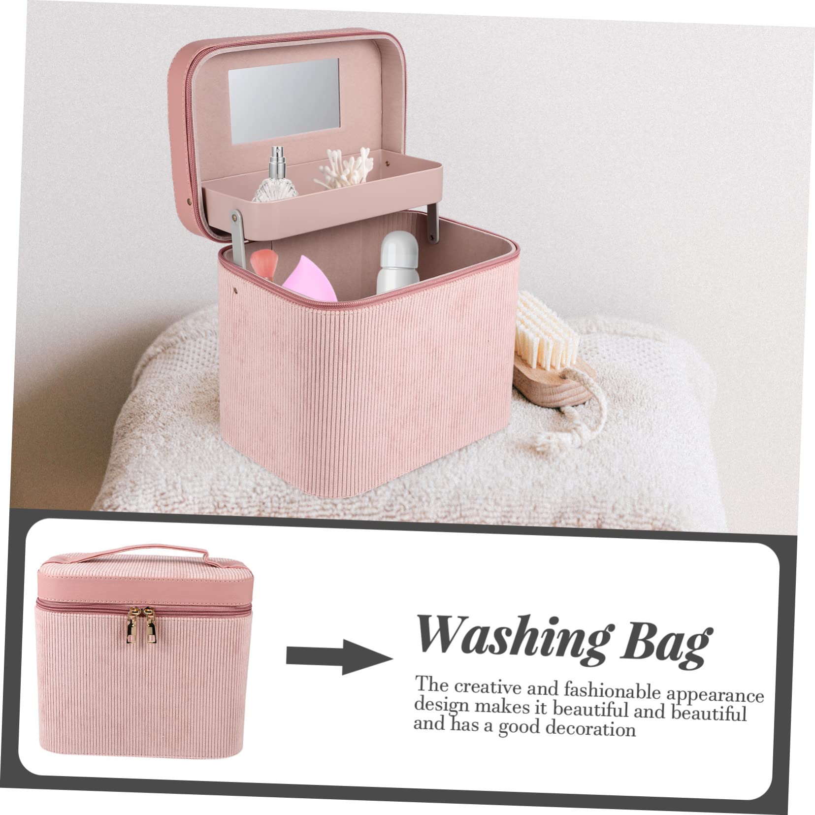 Makeup Aufbewahrungsbox mit Spiegel Zweilagig aus Corduroy Große Kapazität Handlich und Modisch für Damen für Reisen und Persönlichen Gebrauch