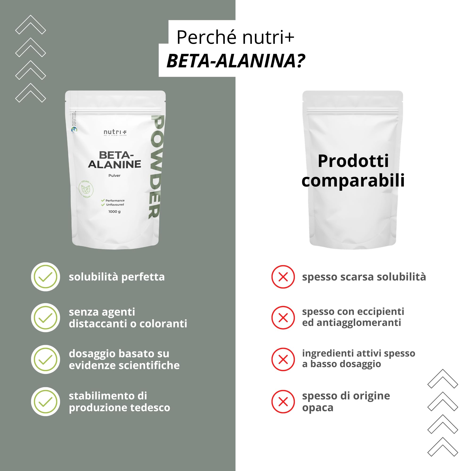 Nutri + Beta Alanina in Polvere 1 kg - vegana pura ad alto Dosaggio e senza Additivi - Booster pre-Allenamento - ß Alanine vegan Powder - Energizzante Sport 1000 g