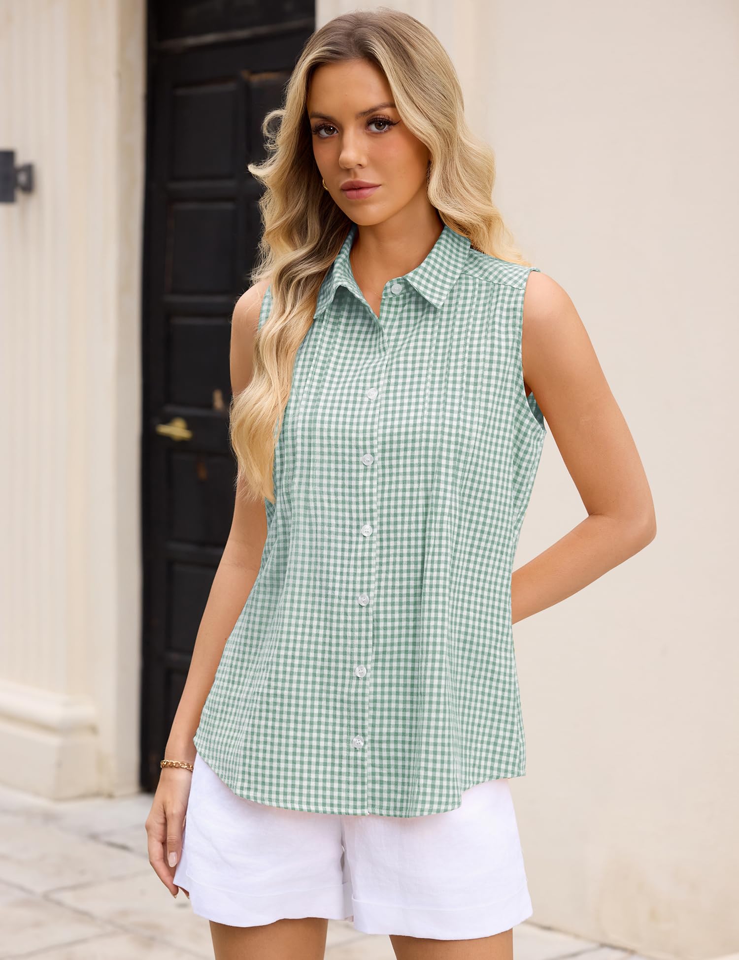 Rapbin Top estivo senza maniche button down camicia in cotone ufficio business colletto camicette con pieghe davanti canotte casual da donna