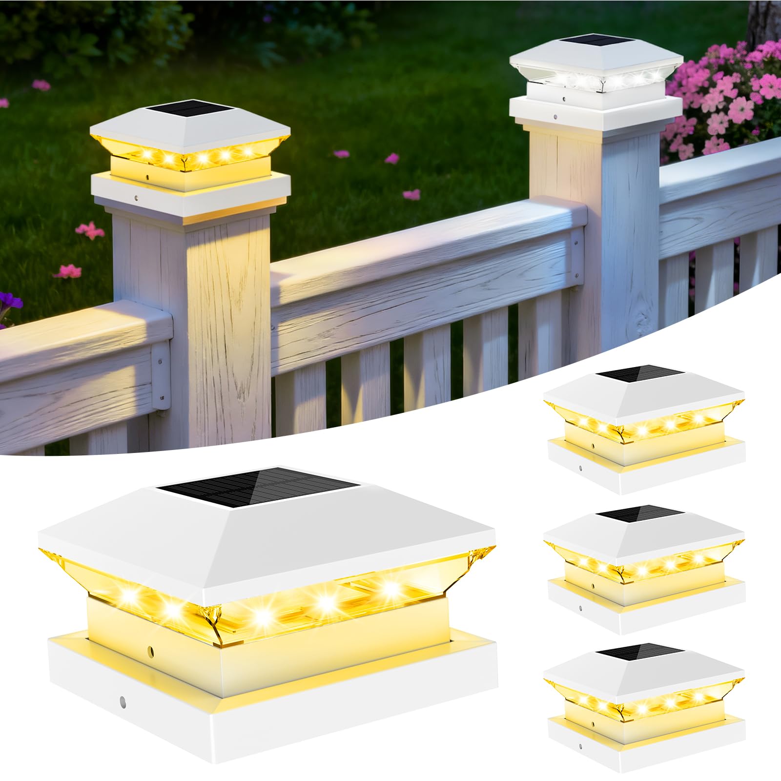 T-SUNUS 4 Pack Solar Post Lights Outdoor LED Warm/White Light Solar Modern Fence Deck Cap Lights IP65 Waterproof Auto On/Off Column Lamp Decoration for 3.5x3.5 4x4 5x5 Posts Garden Deck Patio
