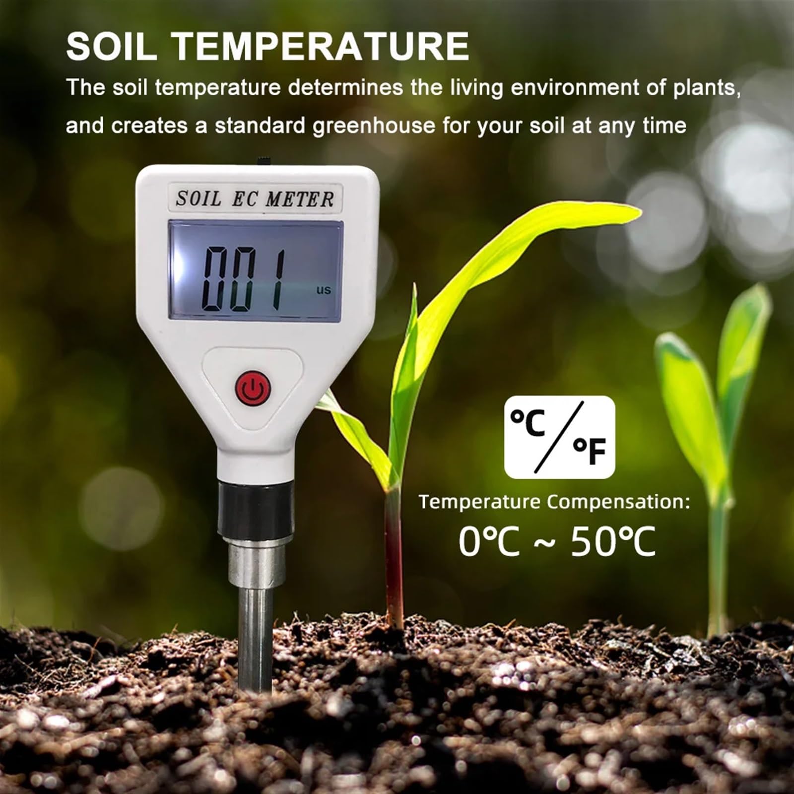 Probador de suelo, Medidor EC de suelo profesional 0-1999us/cm Sonda Metal alta precisión ATC probador conductividad Digital for tierras cultivo jardinería flores