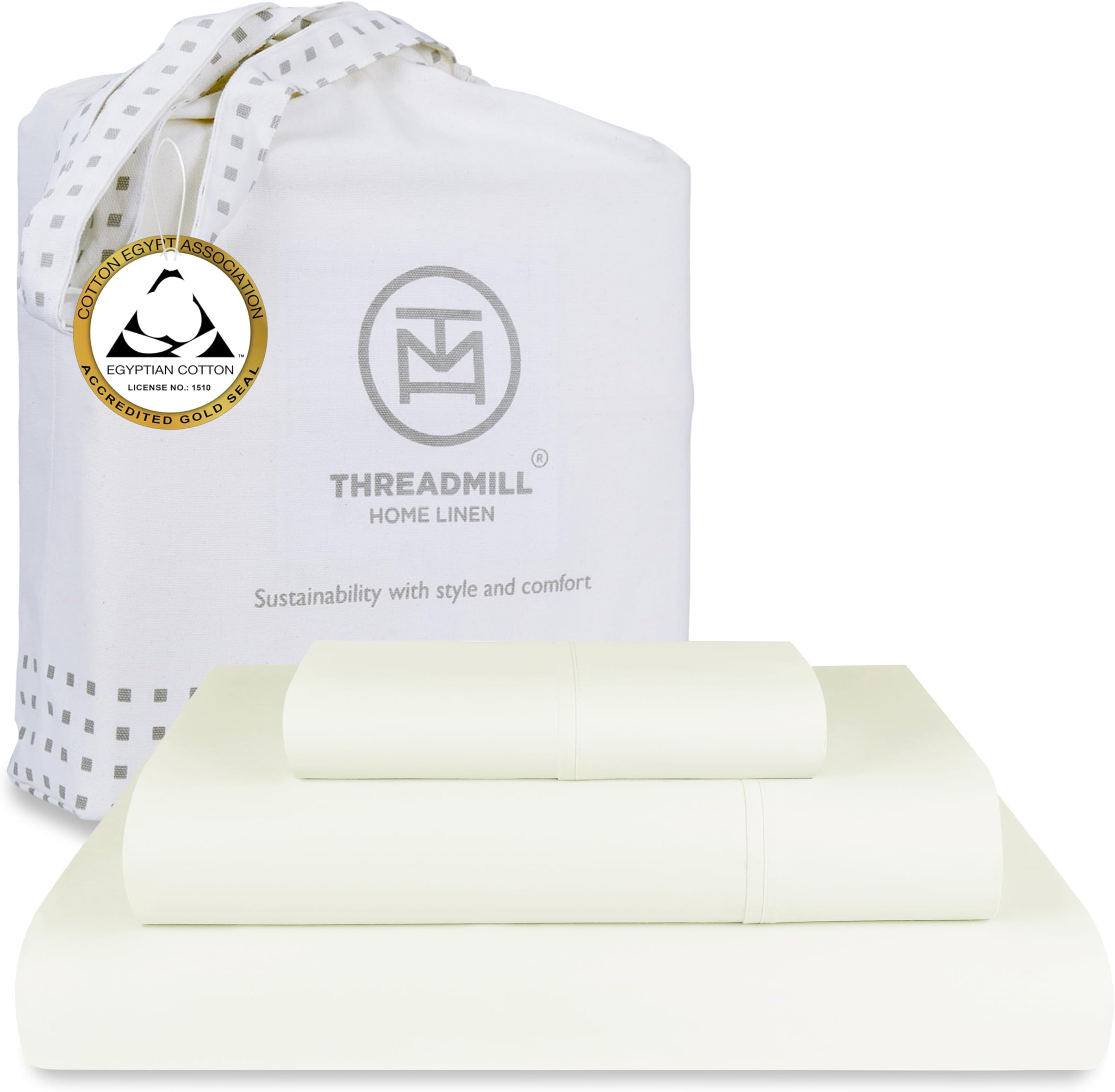 Threadmill Home Linen Egyptian Cotton Twin XL Sheet Sets | 100% Certified Egyptian Cotton Sheets for Twin XL Mattress | Sateen Deep Pocket Bed Sheets | Soft Hotel 3-Piece Cooling Sheet Set | Ivory