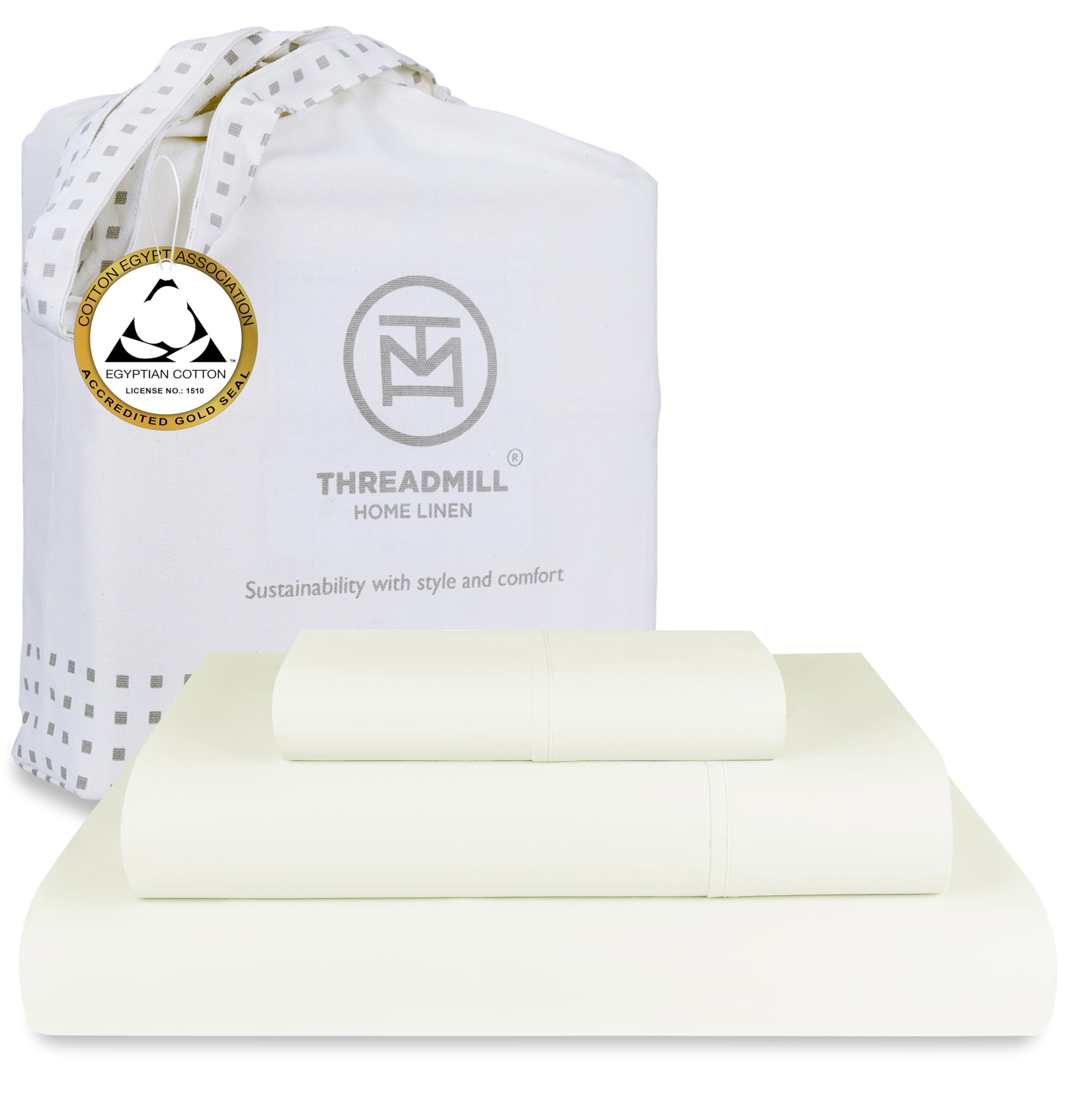 Threadmill Home Linen Egyptian Cotton Twin XL Sheet Sets | 100% Certified Egyptian Cotton Sheets for Twin XL Mattress | Sateen Deep Pocket Bed Sheets | Soft Hotel 3-Piece Cooling Sheet Set | Ivory