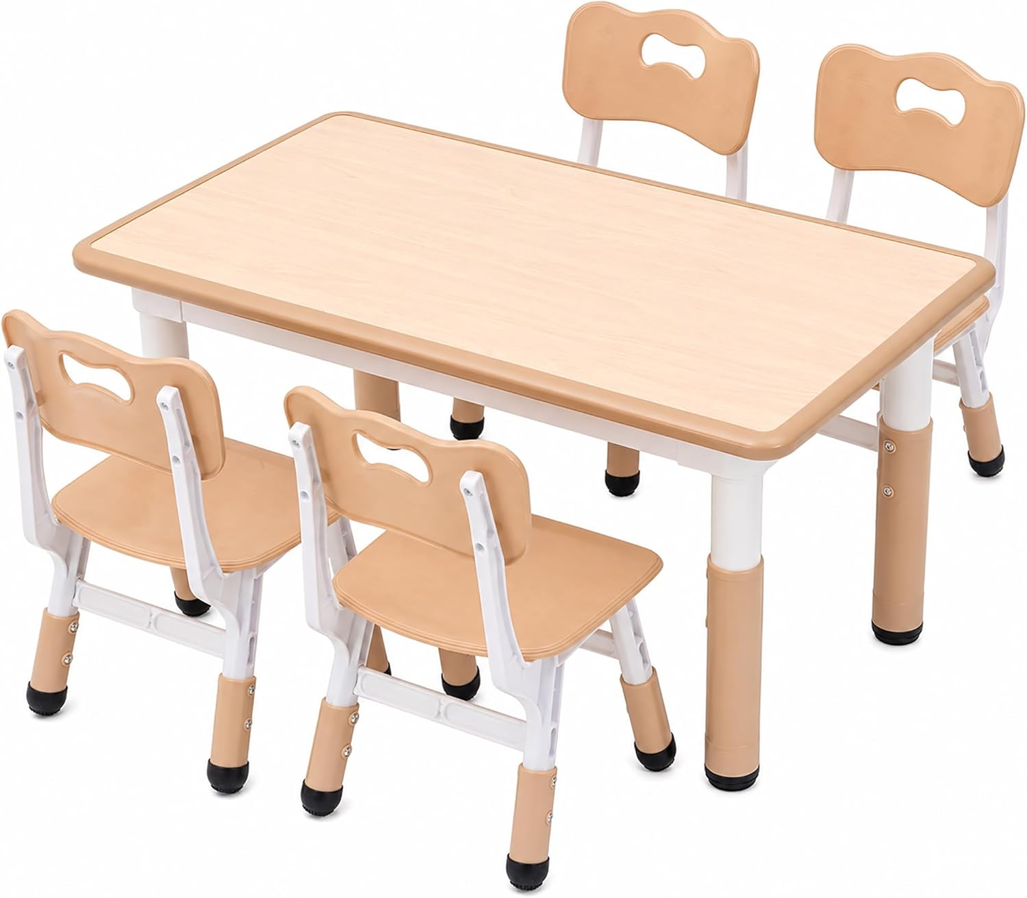 UNICOO Kids Table and 4 Chairs Set, Height Adjustable Preschool Activity Table, Writable and Erasable Desktop, Toddler Craft and Study Table for Playroom, Homeschool and Daycare, Ages 2-8