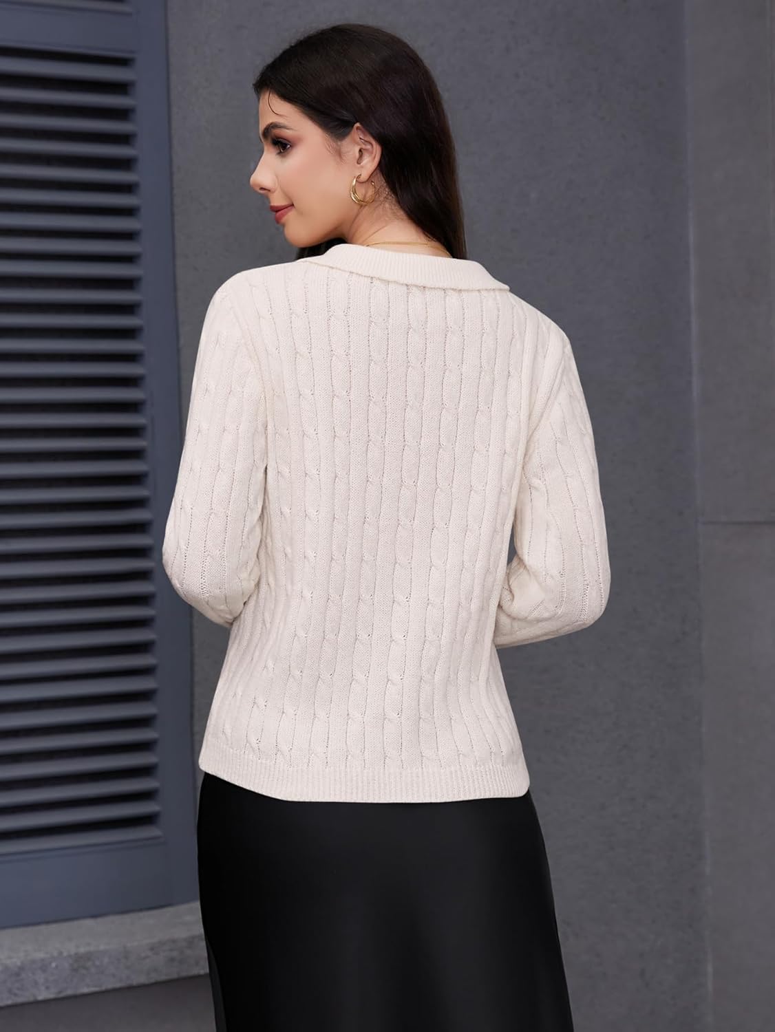 Women's Knit Pullover Sweaters Cable Knit Tops Long Sleeves Polo V Neck Sweater Tops - Image 3