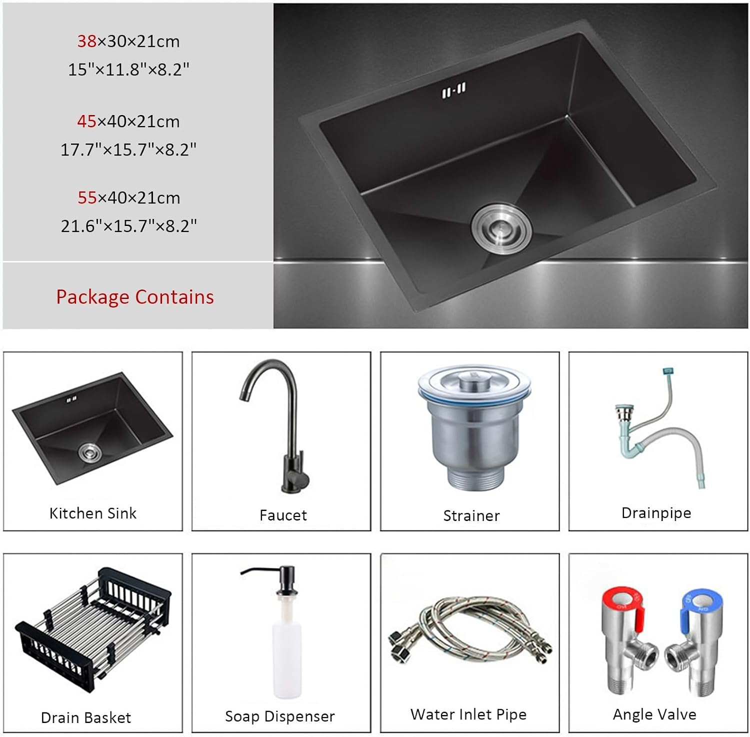 Small Black Kitchen Bar Sink with Faucet, Soap Dispenser, Drain Kits, 304 Stainless Steel Single Bowl Kitchen Sink, Farmhouse Sink, Workstation Sink for Drop in & Undermoun,A-38x30x21cm