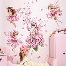 WandSticker4U - [Extra Large] Fairy and Butterfly Wall Stickers in Pink (132 x 129 cm) I Wall Sticker Bedroom Girls Tinkerbell Princess Elves Flowers I Wall Decor Baby Girl Bedroom