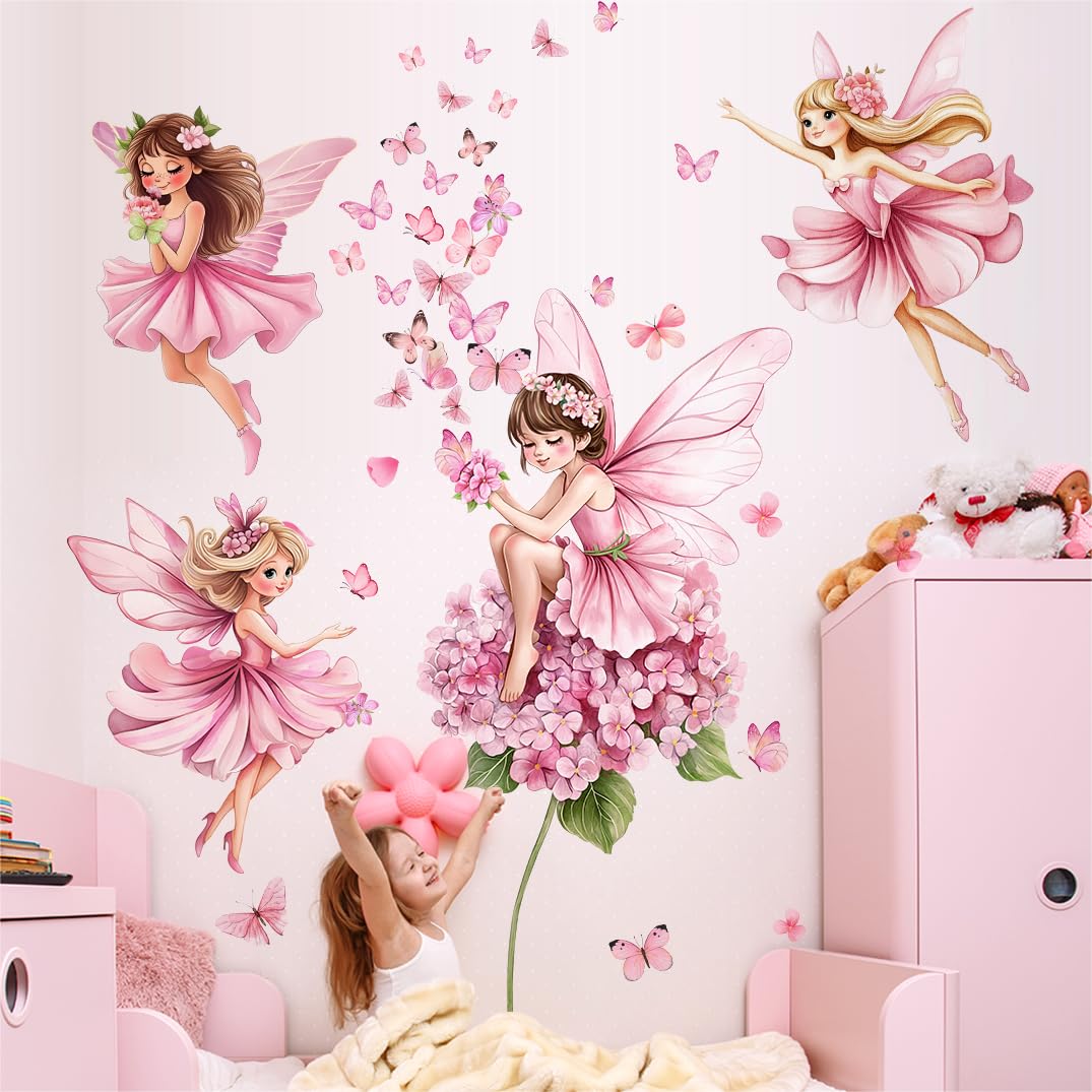 WandSticker4U®- [Extra groß] Wandtattoo FEE und SCHMETTERLING in Rosa (132x129 cm) I Wandtattoo Kinderzimmer Mädchen Prinzessin Feen Elfen Blumen I Wandsticker Kinderzimmer Deko Mädchen