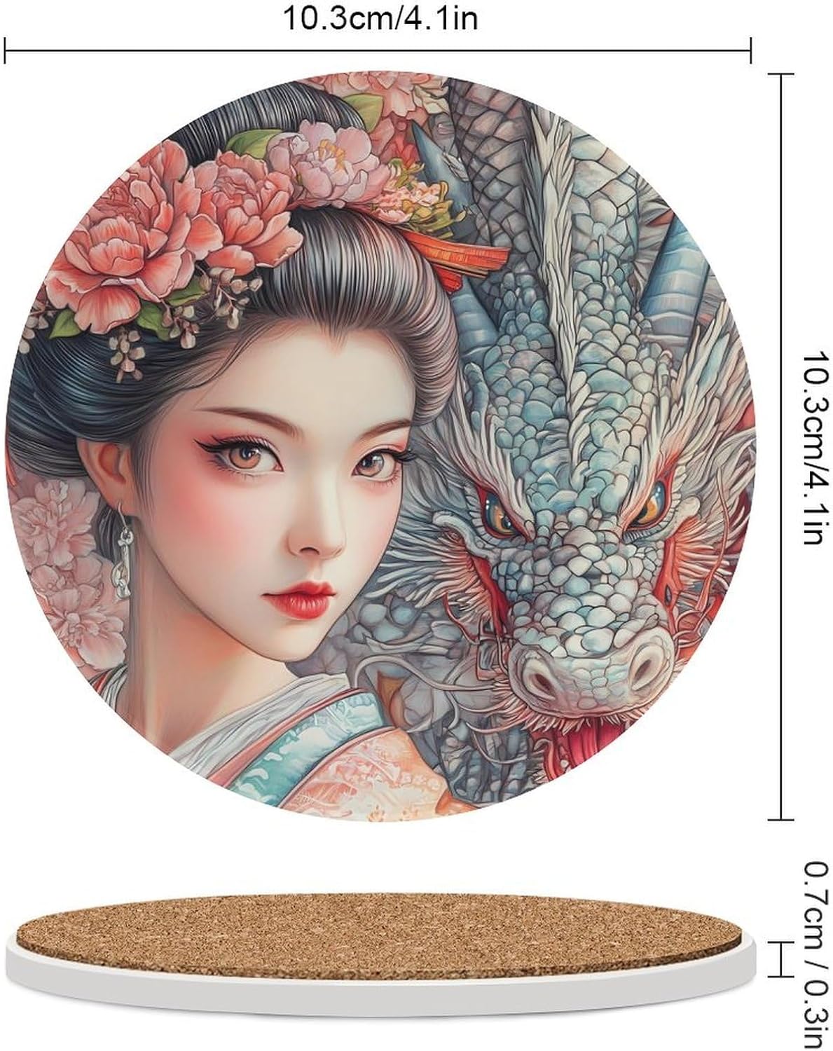 Geisha Woman and Dragon Funny Round Ceramic Coasters for Drink Absorbent Cup Holders Tabletop Protection