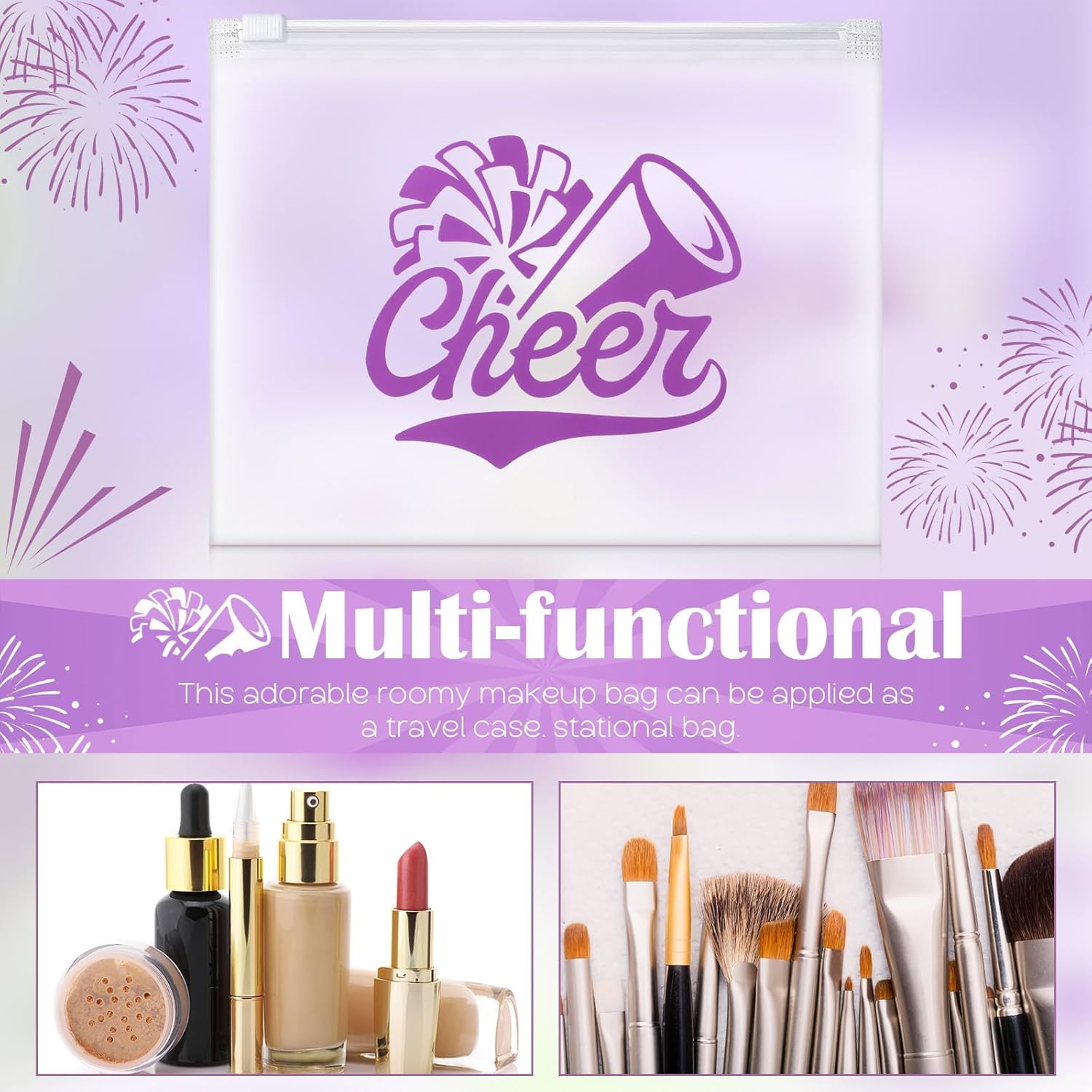Sunnyray 60 Pcs Cheer Team Gifts Bulk Cosmetic Makeup Bags for Cheerleader Sport Team Inspirational EVA Bag Women Makeup Toiletry Bags Pouch with Zipper(Purple) - Image 6