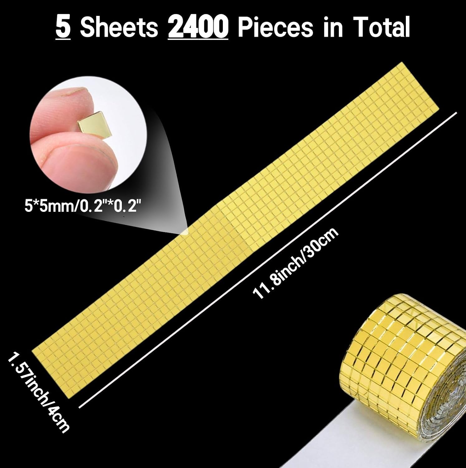 Glass Mirror Disco Tiles 2400Pcs, 5 x 5 mm Self-Adhesive Mirror Tiles for Craft Decoration Disco Ball, Mini Mosaic Tiles for Party Decor DIY (Gold) image 2