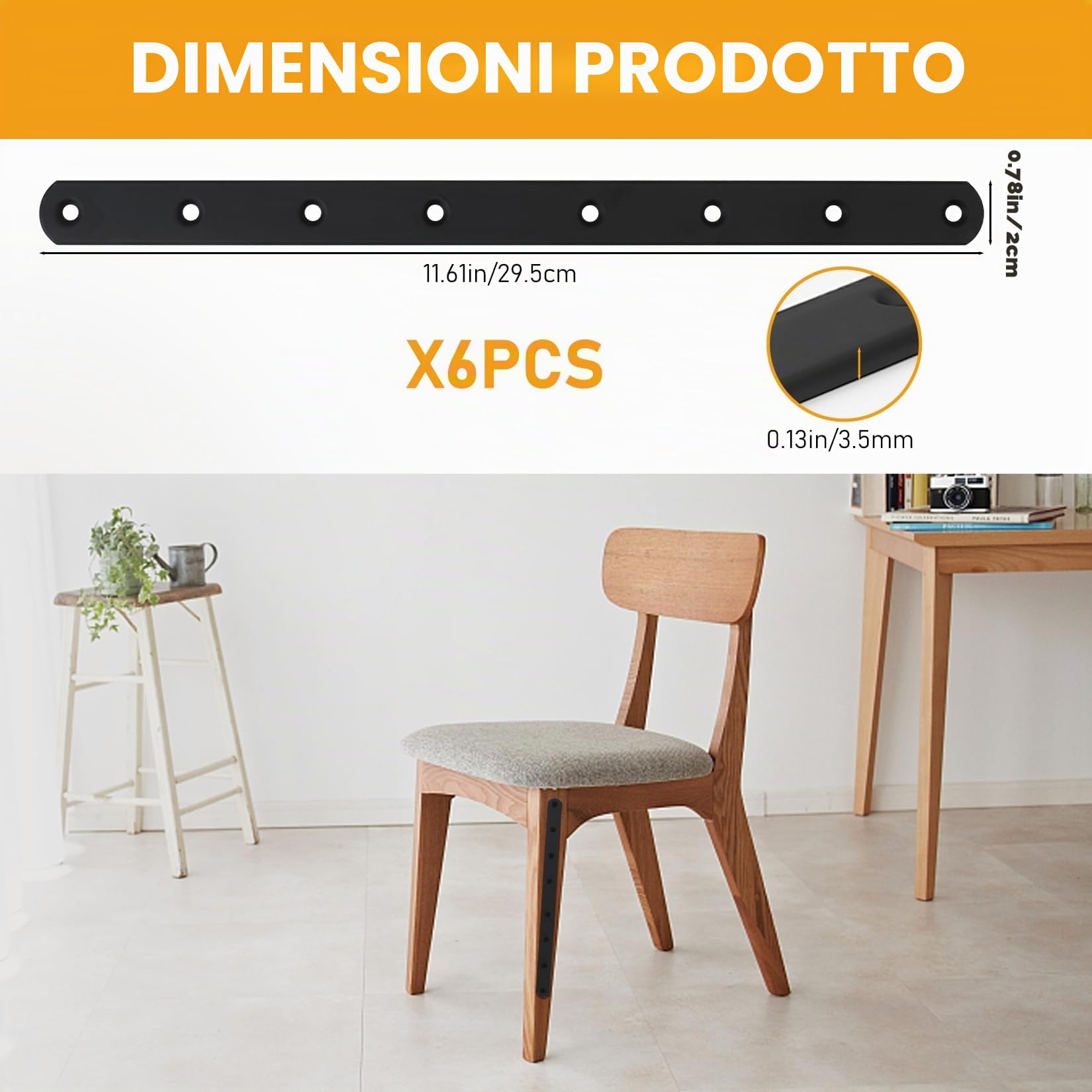 6 Pz. Piastra Forata Nera, Connettore Metallizzato, Connettore Legno Piano, Piastra di Riparazione, Connettore Angolare Piatto con 48 Viti per Mobili Armadi Scaffali, 295x20x3 mm