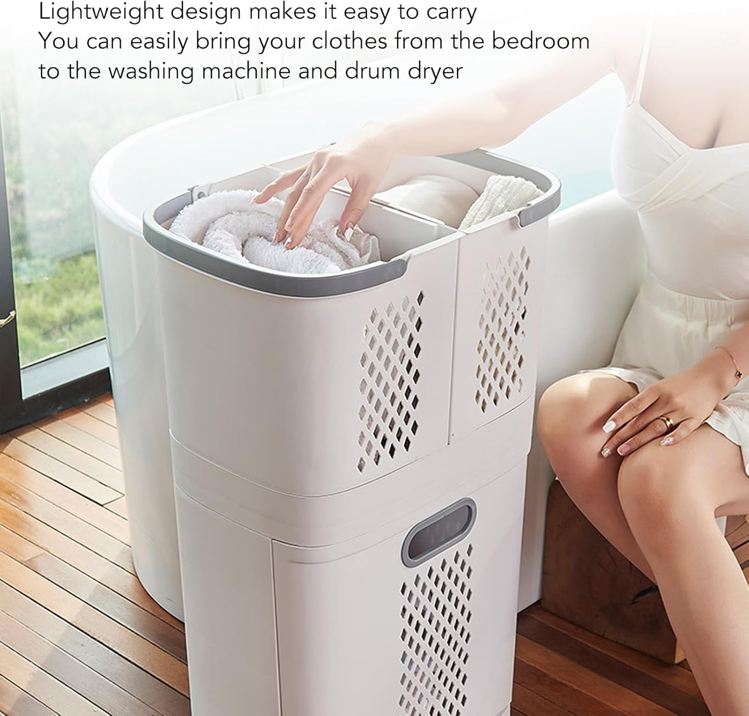 Plastic Laundry Hamper with Wheels, 3 Independent Storage Bins, Dirty Clothes Basket, Carry Handle for Kitchens, Bathrooms, Bedrooms