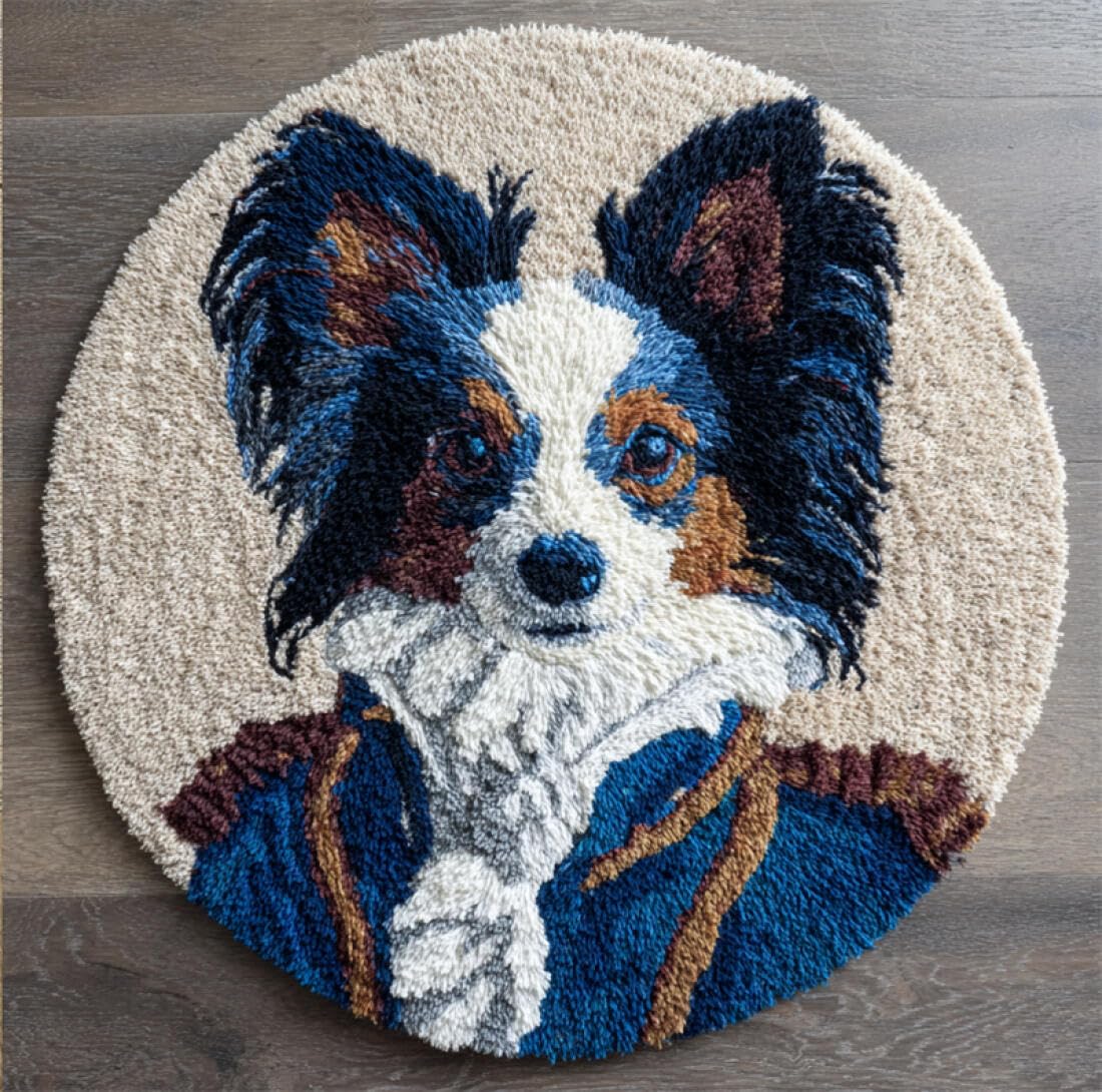 Rqwybcaxn DIY Latch Hook Rug Kit for Beginners Animal Crochet Starter Kit Fantasy Butterfly Dog 60x60cm Round Tapestry with Crochet Hook Bedroom Craft Gift