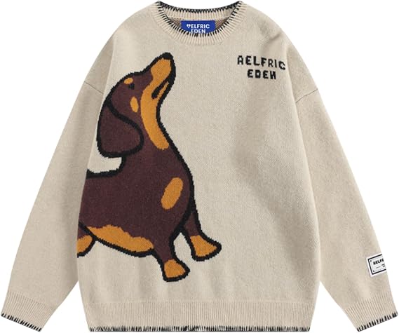 Aelfric Eden Sweaters Hand Drawn Dachshund Jacquard Sweater Unisex Vintage Oversized Crewneck Pullover Y2k Tops