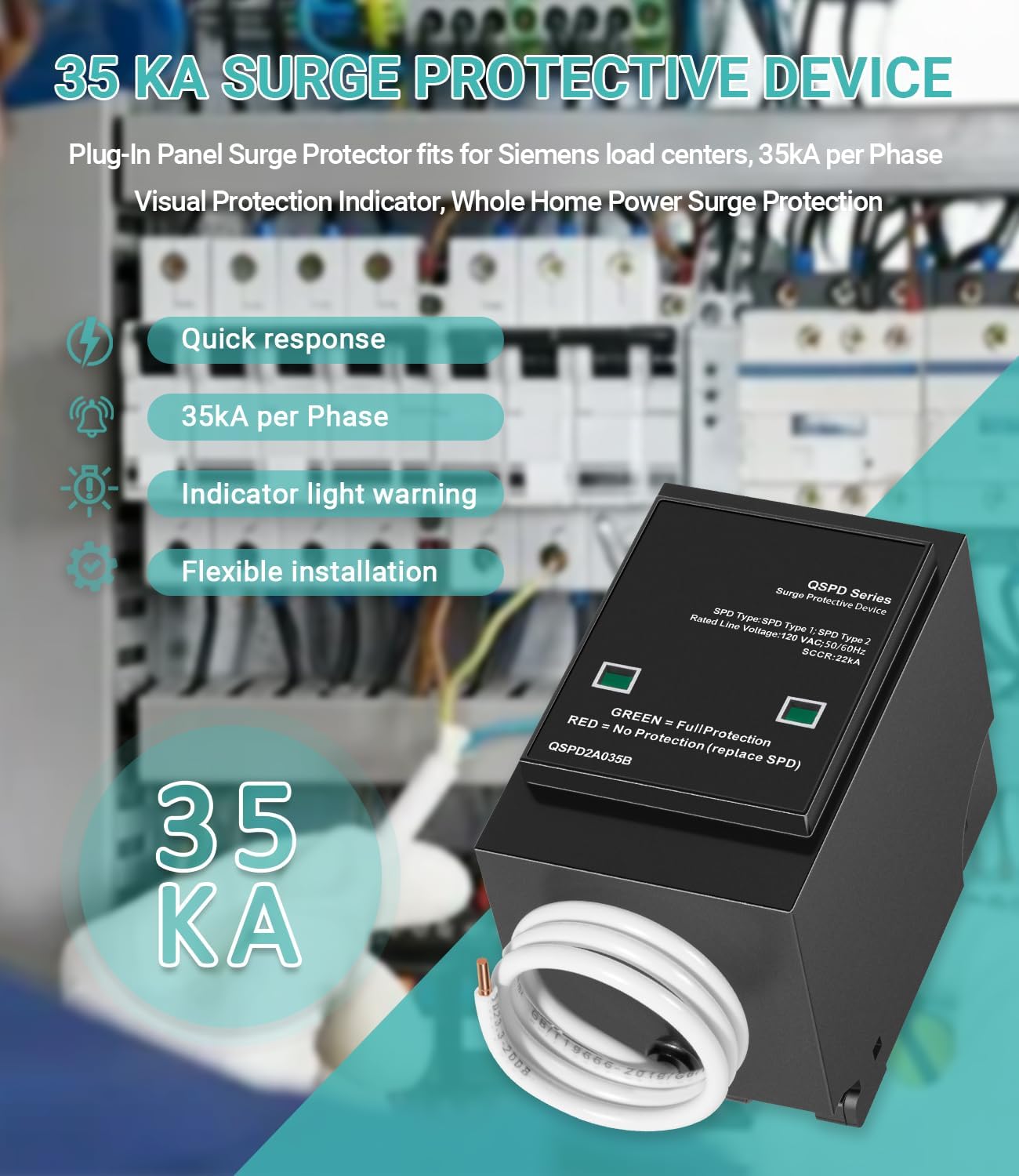 Replacement for Siemens QSPD2A035B 35kA Indoor Surge Protective Device, Whole House Surge Protector for Electrical Panel, 2-Pole Plug-On for 120/240V Load Centers with Mechanical Status Indicator