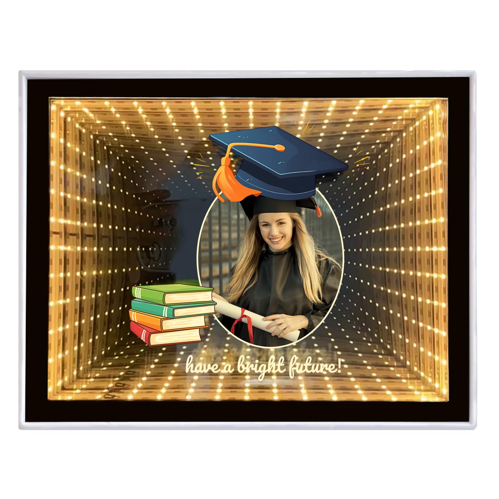 Personalised Photo Frame Infinity Mirror, Couples, Desktop LED Night Light Makeup Mirror 2 in 1, Custom Graduation Gifts for Classmates, Students, Home Decoration Bedroom Office Living Room