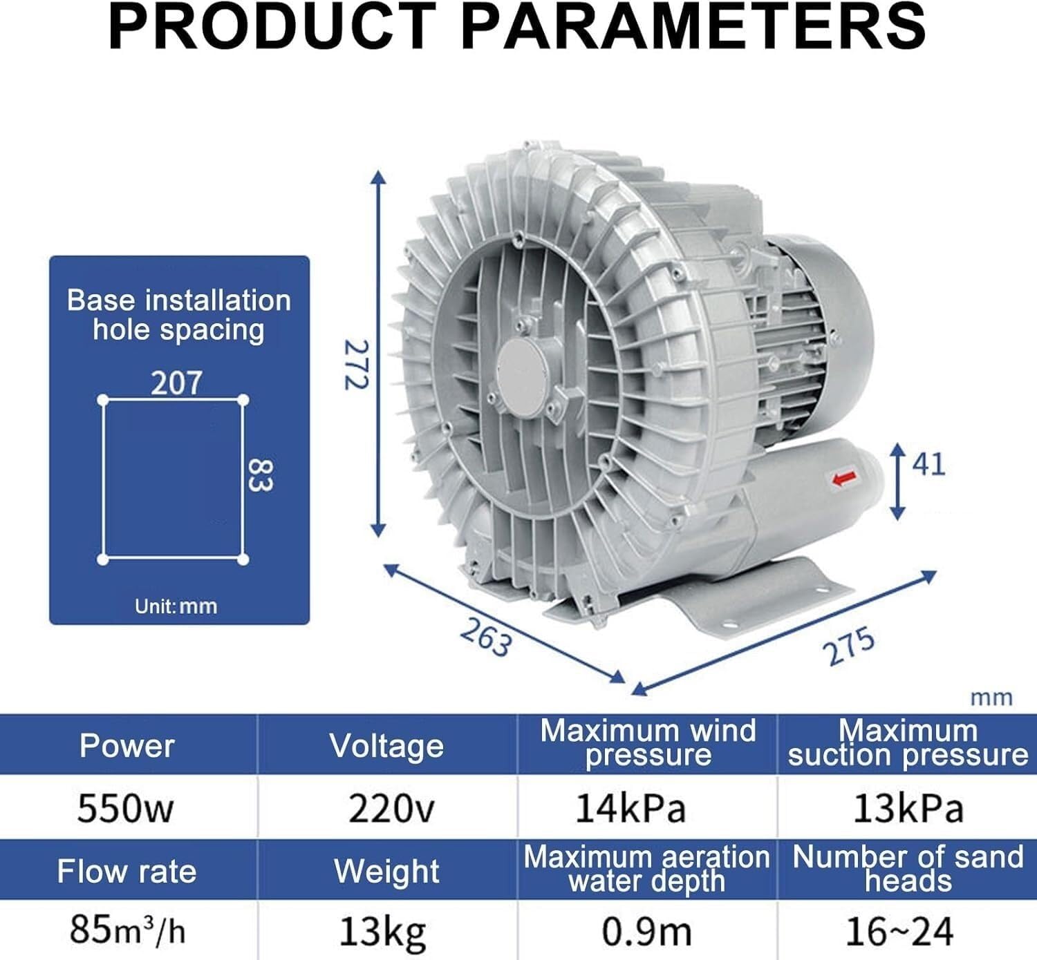 Bomba de Aire regenerativa eléctrica monofásica/trifásica 0.16-2.04HP Soplador de Anillo vorticial para aireación de Aguas residuales acuarios hidroponía fosas sépticas(550W/220V)
